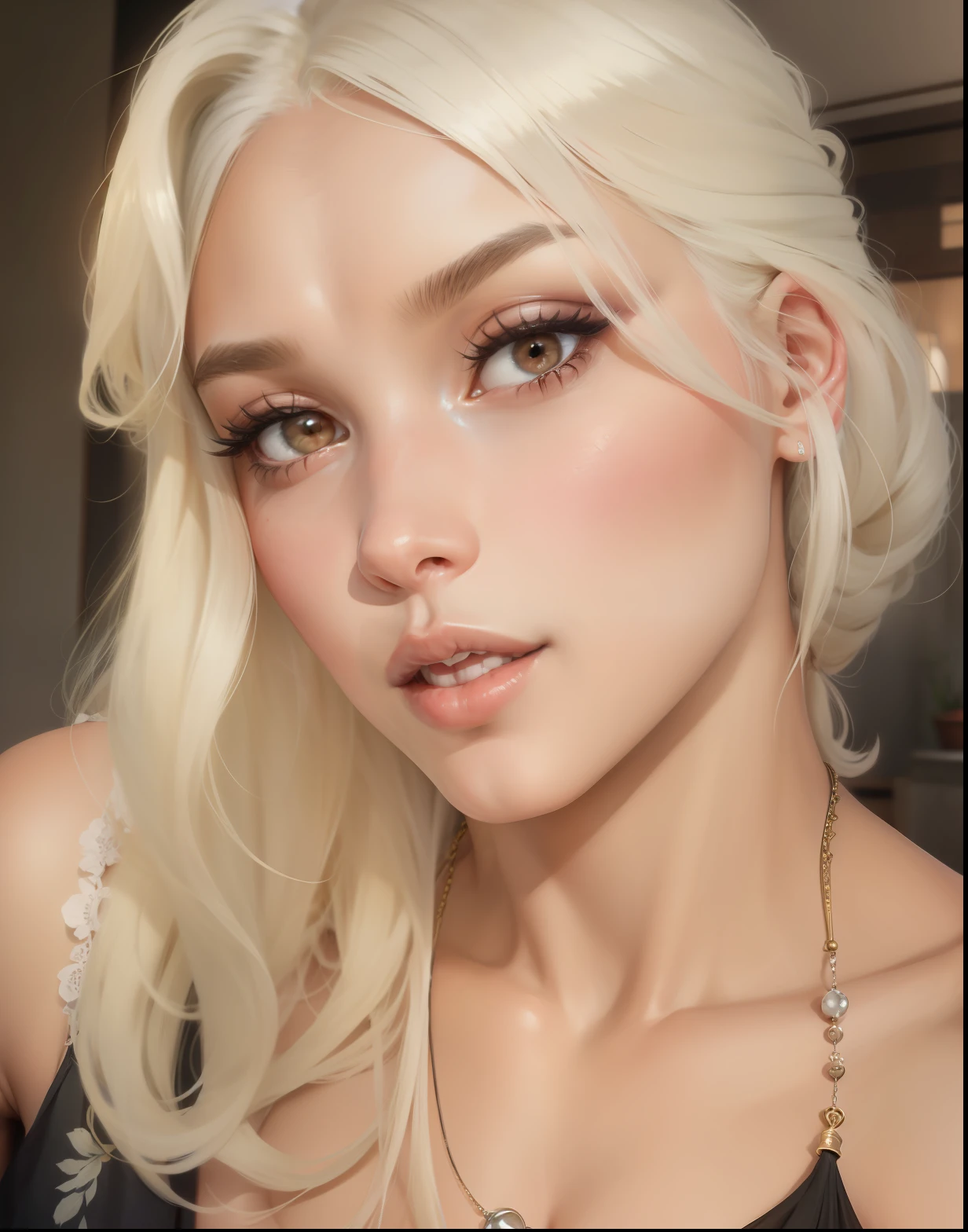 blond woman with long white hair and a necklace on her neck, rosto como ester exposito, cabelos loiros e olhos grandes, Parece Fabiula Nascimento, rosto sexy com maquiagem completa, Parece Laura Barriales, Marischa Becker, Cara Sexy, muito muito bonito rosto, Lorena Avarez, rosto perfeito )