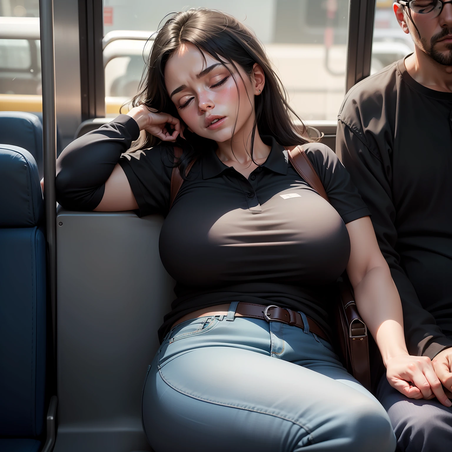 1 beautiful woman, 50-year-old lady, sleeping with her mouth open, eyes closed, black hair, sleeping sitting on the bus, jeans, black polo shirt, big breasts, outlined eyes, drooling, snoring, passed out, black bag, head on the bus window