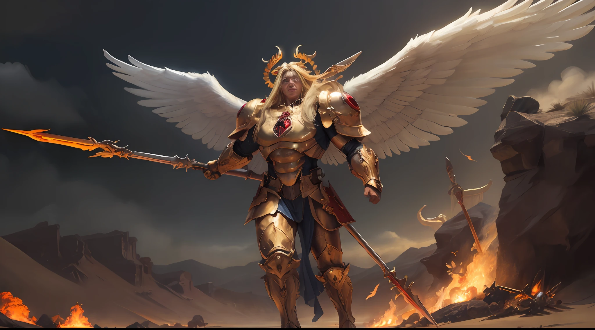 8K masterpiece, detailed, realistic, digital art, octane render, trending on artstation, action SHOT, movie poster,
multipleman, angelic features , 28 years old, tall stature, battle aged, ((solo:1.5)), full body, blonde hair, blue eyes, long hair,
full armor, power armor, laurel wreath, glowing halo, multiple wings, pauldron, angel, animal pelt, sword, spear, 
blood, flame, destruction, desert wasteland, war background,  dueling enemy, hectic battle,  
(sanguinius),