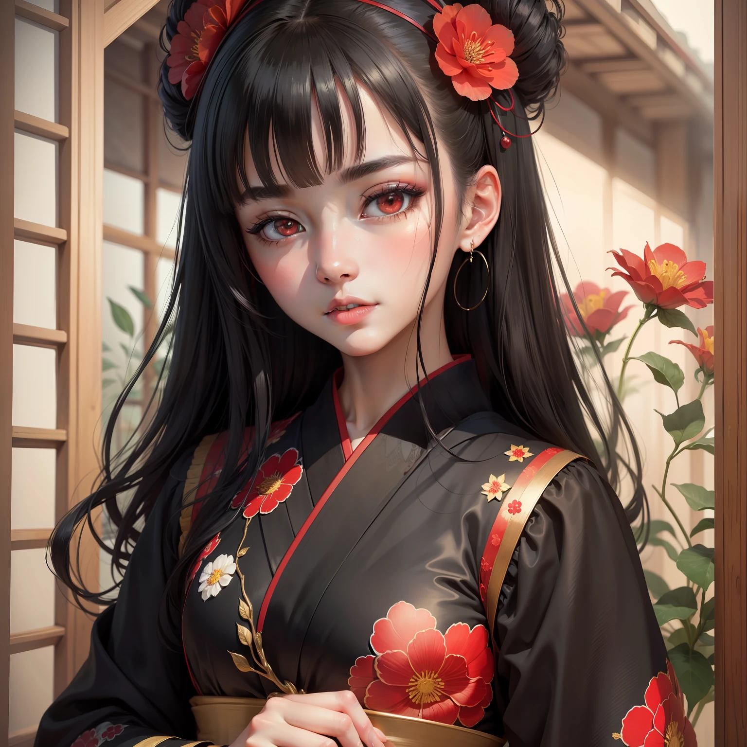 Masterpiece,Best quality,absurderes,Original,Extremely delicate and beautiful,Beautiful detailed eyes and face,1girll, black_Hair, flower, Japanese_clothes, Red_flower, Solo,(Masterpiece:1.4),(Best quality:1.4)