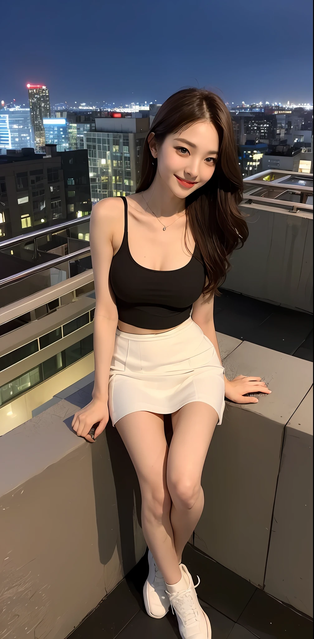 ((Midnight, Best quality, 8k, Masterpiece :1.3)), Whole body, Long legs, Sharp focus :1.2, A pretty woman with perfect figure :1.4, Slender abs, slender thigh :1.1, ((Dark brown hair, Big breasts :1.2)), (tanktop, skirt, sneakers, standing :1.2), ((Night city view, Rooftop:1.3)), Highly detailed face and skin texture, Detailed eyes, Double eyelid, close up, smirk, From below, legs open