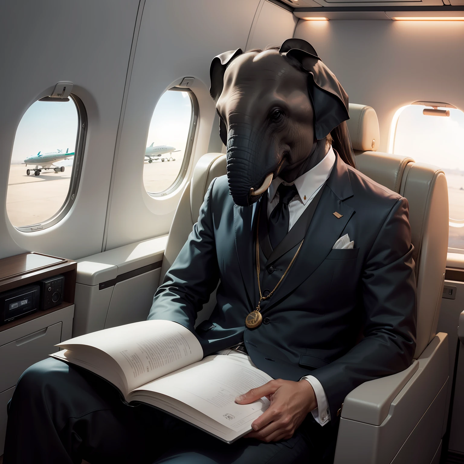 Um elefante majestoso e imponente, vestindo um elegante terno e uma gravata, com um sorriso confiante no rosto, sitting in a soft leather armchair on a luxury private plane. The cabin is exquisite, with luxurious and spacious interiors to accommodate the elephant comfortably. The soft and warm light of the plane creates a relaxing and exclusive atmosphere. Nas patas, o elefante segura um tablet ou uma pasta de documentos, showing your ability to handle important financial information. ao redor, The other passengers and crew of the plane observe with admiration and respect the magnificent presence of the elephant in the luxurious environment. through the windows, One can see the white clouds and the blue sky, evoking a sense of freedom and adventure. O elefante, a symbol of strength and wisdom, is clearly in control and enjoying the comfort of flight. The plane is a symbol of his achievements on the stock exchange, permitindo-lhe viajar com facilidade e estilo. A imagem transmite uma atmosfera de sucesso, Realization and luxury, as the elephant flies through the skies in his private plane, showing that even in the most unlikely position, He can be a master of business.