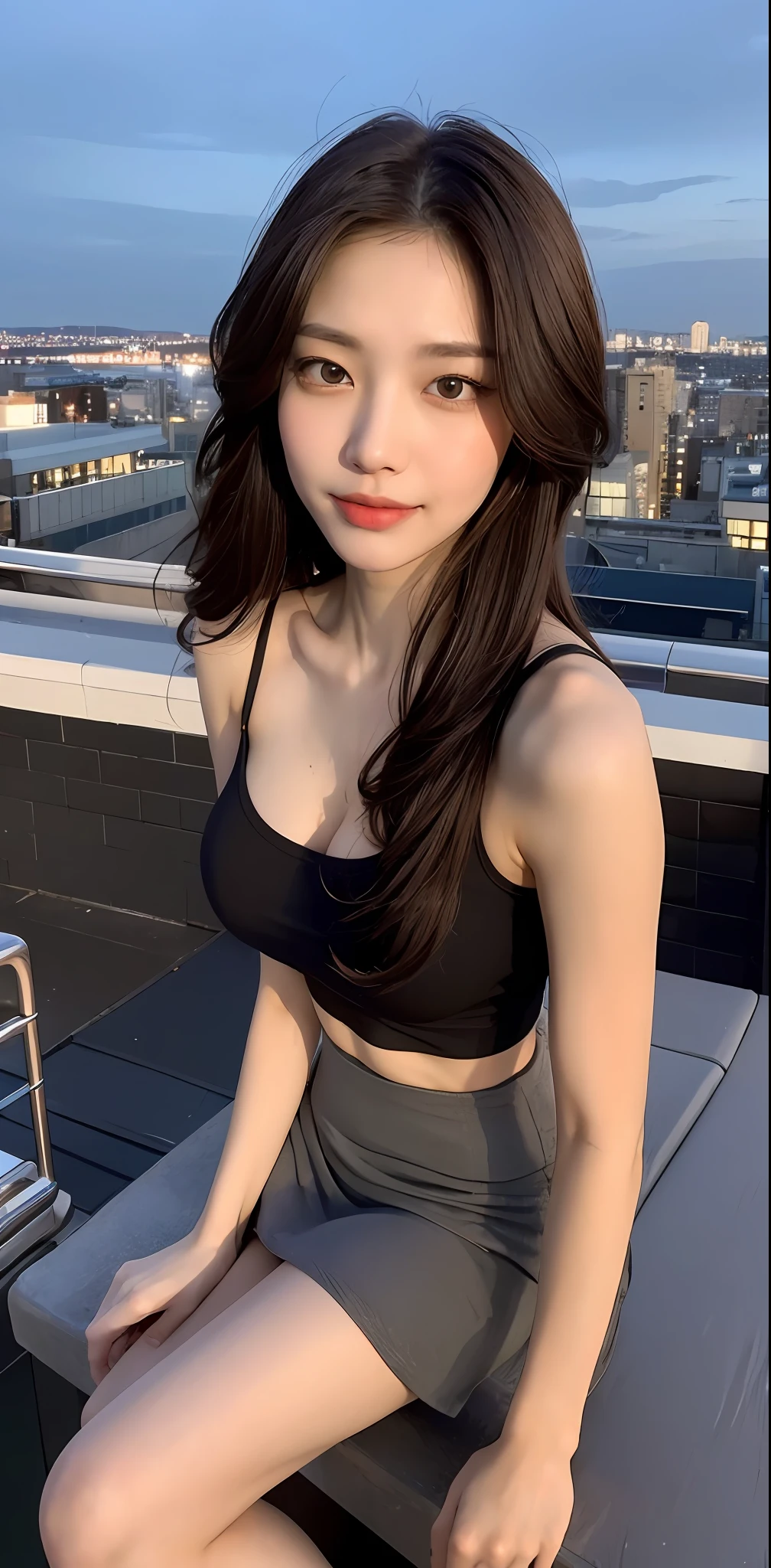 ((Midnight, Best quality, 8k, Masterpiece :1.3)), Whole body, Long legs, Sharp focus :1.2, A pretty woman with perfect figure :1.4, Slender abs, slender thigh :1.1, ((Dark brown hair, Big breasts :1.2)), (tanktop, skirt, sneakers, standing :1.2), ((Night city view, Rooftop:1.3)), Highly detailed face and skin texture, Detailed eyes, Double eyelid, close up, smirk, From below, legs open