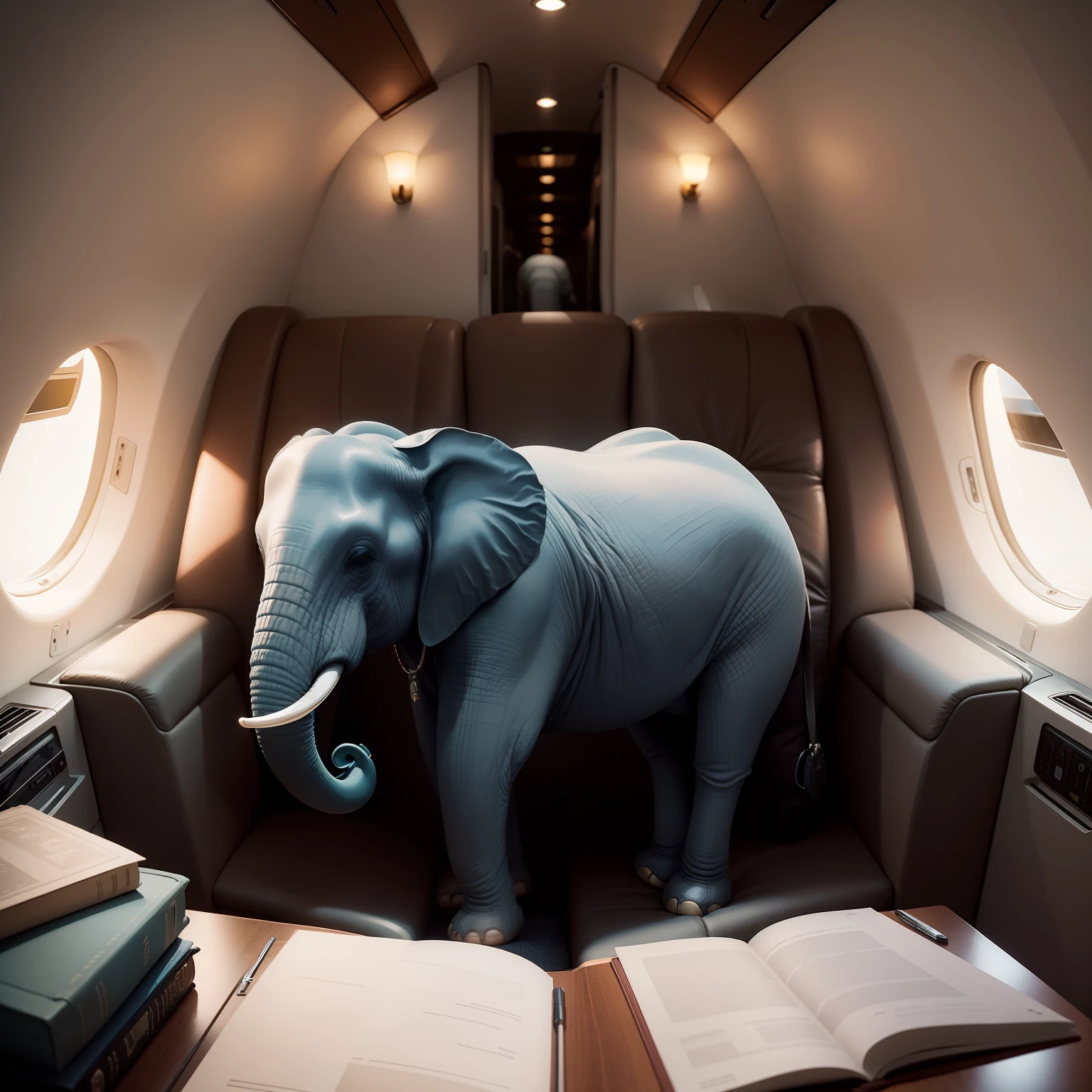 Um elefante majestoso e imponente, vestindo um elegante terno e uma gravata, com um sorriso confiante no rosto, sitting in a soft leather armchair on a luxury private plane. The cabin is exquisite, with luxurious and spacious interiors to accommodate the elephant comfortably. The soft and warm light of the plane creates a relaxing and exclusive atmosphere. Nas patas, o elefante segura um tablet ou uma pasta de documentos, showing your ability to handle important financial information. ao redor, The other passengers and crew of the plane observe with admiration and respect the magnificent presence of the elephant in the luxurious environment. through the windows, One can see the white clouds and the blue sky, evoking a sense of freedom and adventure. O elefante, a symbol of strength and wisdom, is clearly in control and enjoying the comfort of flight. The plane is a symbol of his achievements on the stock exchange, permitindo-lhe viajar com facilidade e estilo. A imagem transmite uma atmosfera de sucesso, Realization and luxury, as the elephant flies through the skies in his private plane, showing that even in the most unlikely position, He can be a master of business.