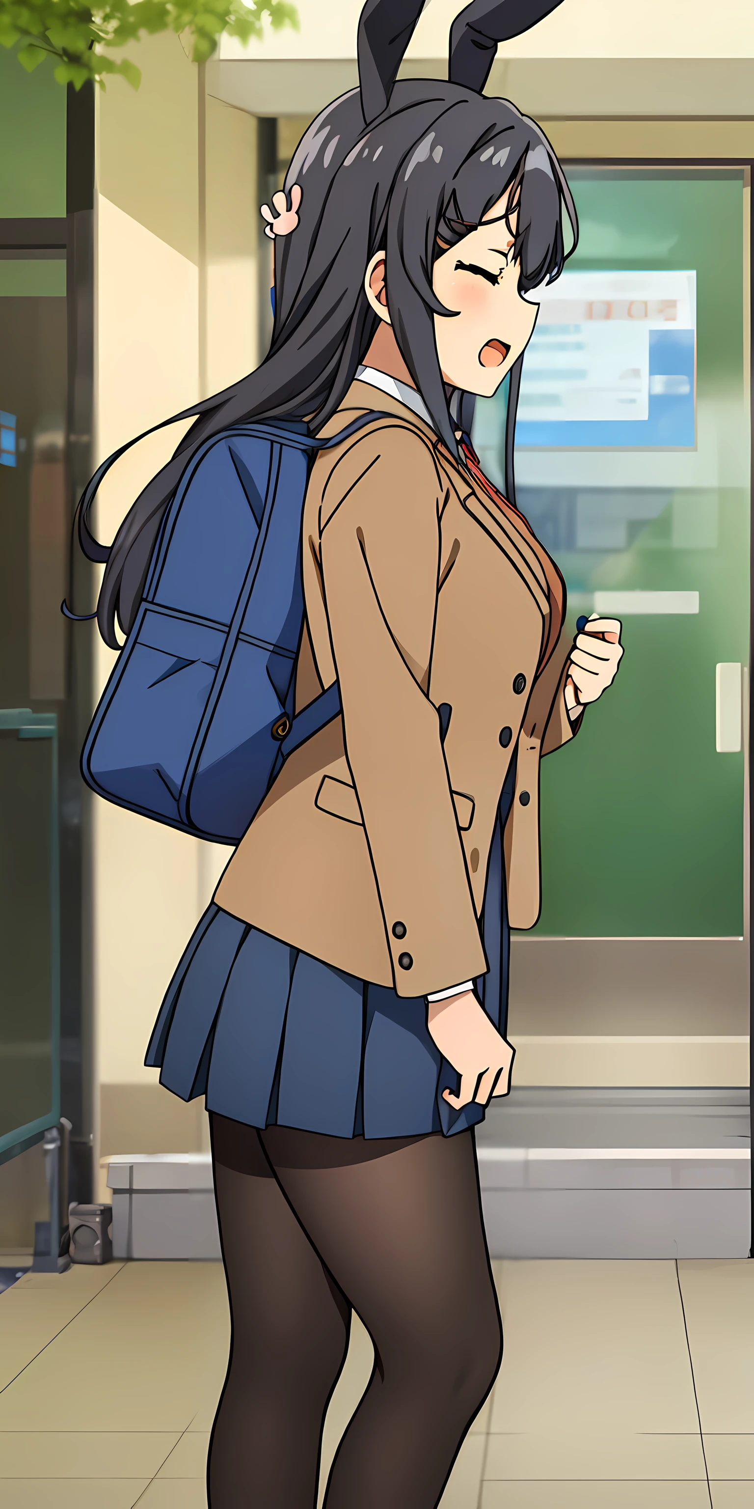 mai-san, sakurajima mai, 1girl, solo, long hair, smile, open mouth, skirt, black hair, hair ornament, school uniform, jacket, closed eyes, pleated skirt, necktie, hairclip, bag, profile, red necktie, brown jacket, rabbit hair ornament, side view, full body, (masterpiece), (high resolution)