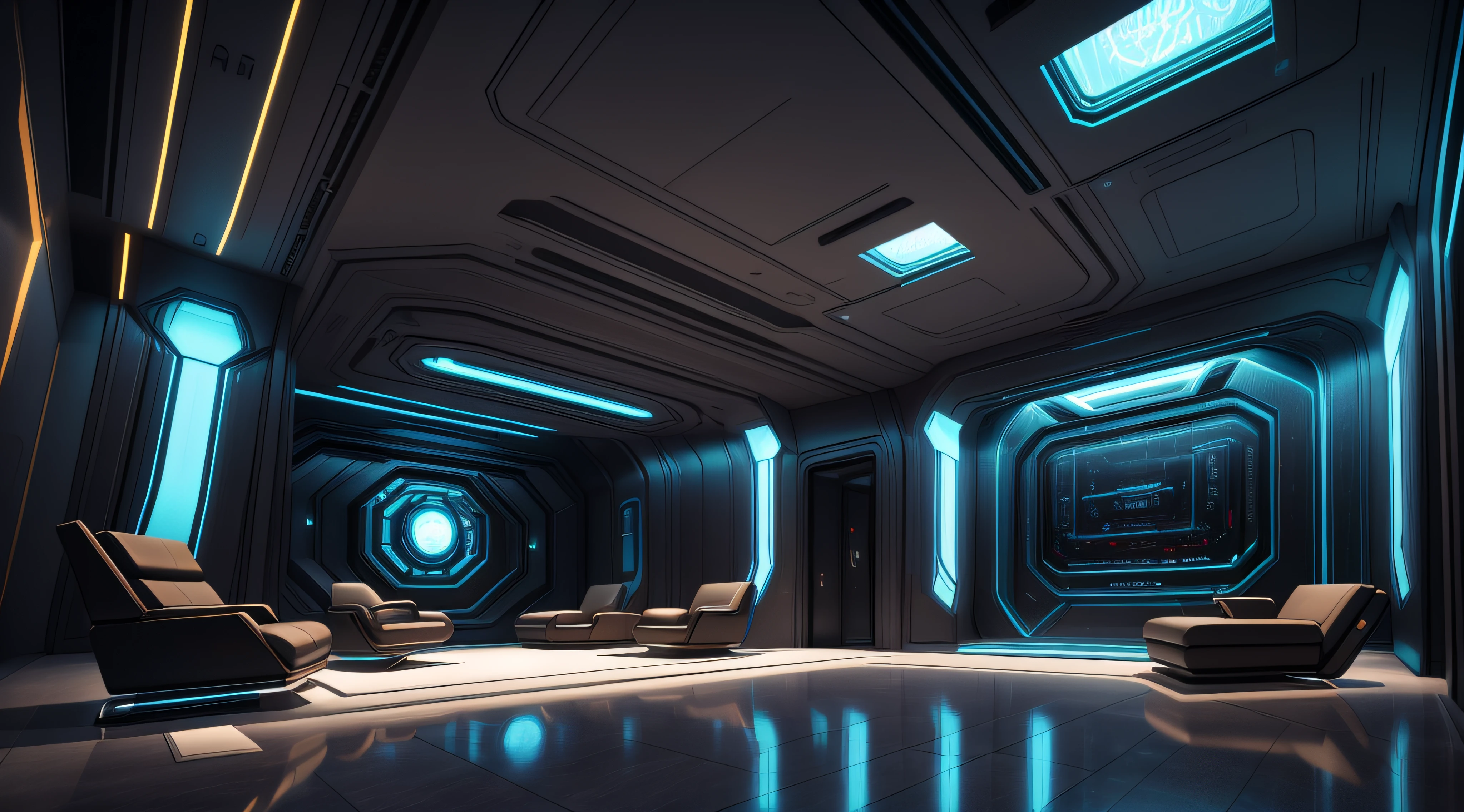 There is a room with sofa and chairs, a room with light, detailed matte paintings by senior environmental artists, 3D renderings inspired by Syd Mead, digital art, futuristic room, sci-fi interior, sci-fi room, futuristic interior, sci-fi engine room living room, futuristic setting, octane rendering sci-fi, cyberpunk bedroom at night, futuristic room background, surreal sci-fi set design, shutter, futuristic, futuristic hall, futuristic interior, futuristic interior, sci-fi tech, futuristic space, futuristic room background, volumetric lighting futuristic, futuristic room