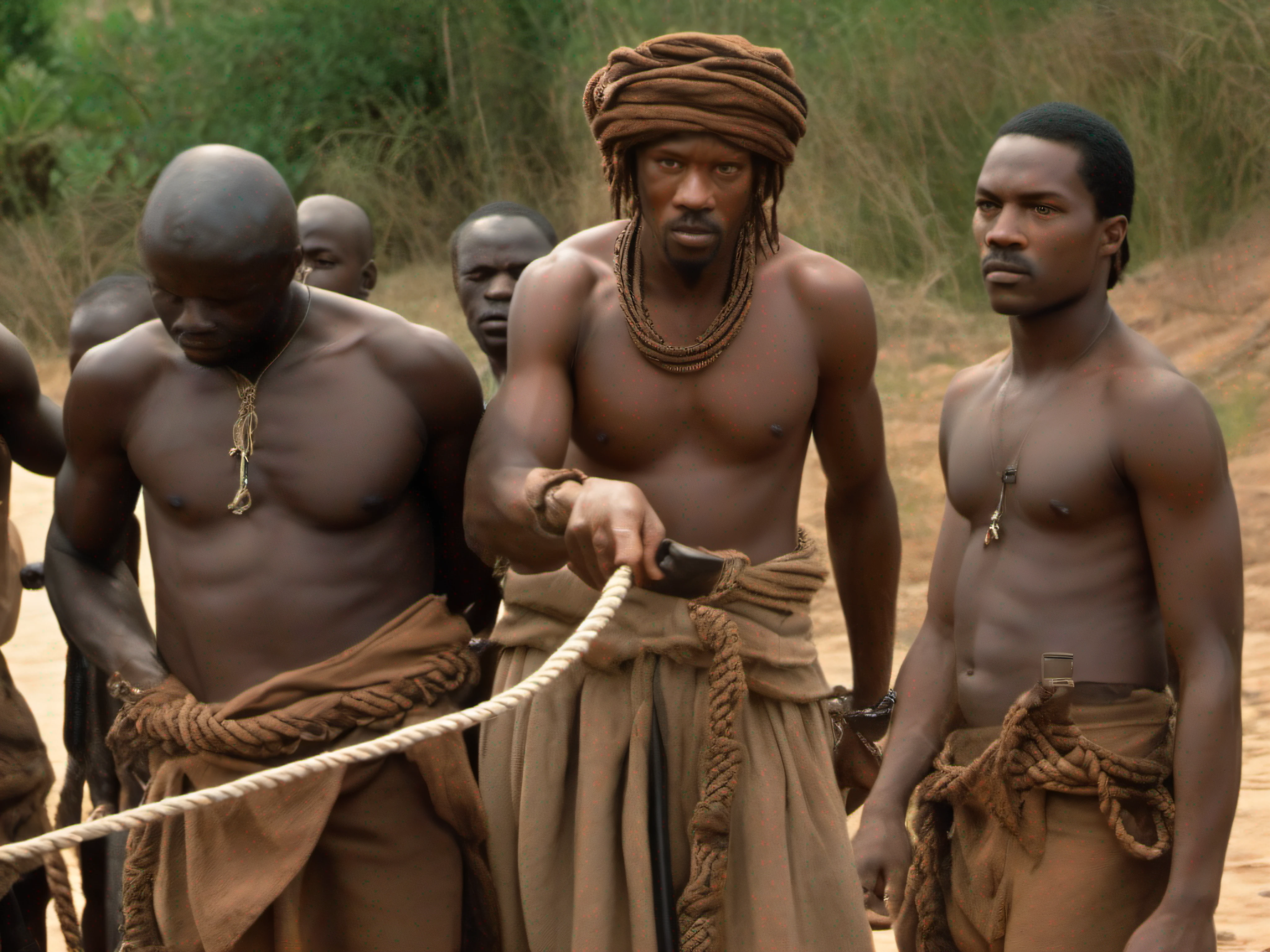 Five half-naked African slaves tied with a rope, descendant un escalier, tristesse dans les yeux, corps entier nu, no clothe, pas de coiffe, cheveux noirs, Dynamic scene from the movie Amistad, looking at the 50mm camera, Realistic photo HD, Diffuse light, Rebel Republic Environment, , hyper detailed, Whole size, Plusieurs hommes et femmes esclaves debout, loin cloth, esclaves, Himba, corps entiers, all are chained, chaines en fer, Hands tied with big rope, Homme africain, Enslaved humans, Screenshot of movie 300, Samuel Jackson, africain, The man has black skin, Scene from the movie Amistad, dark-skinned, pagne