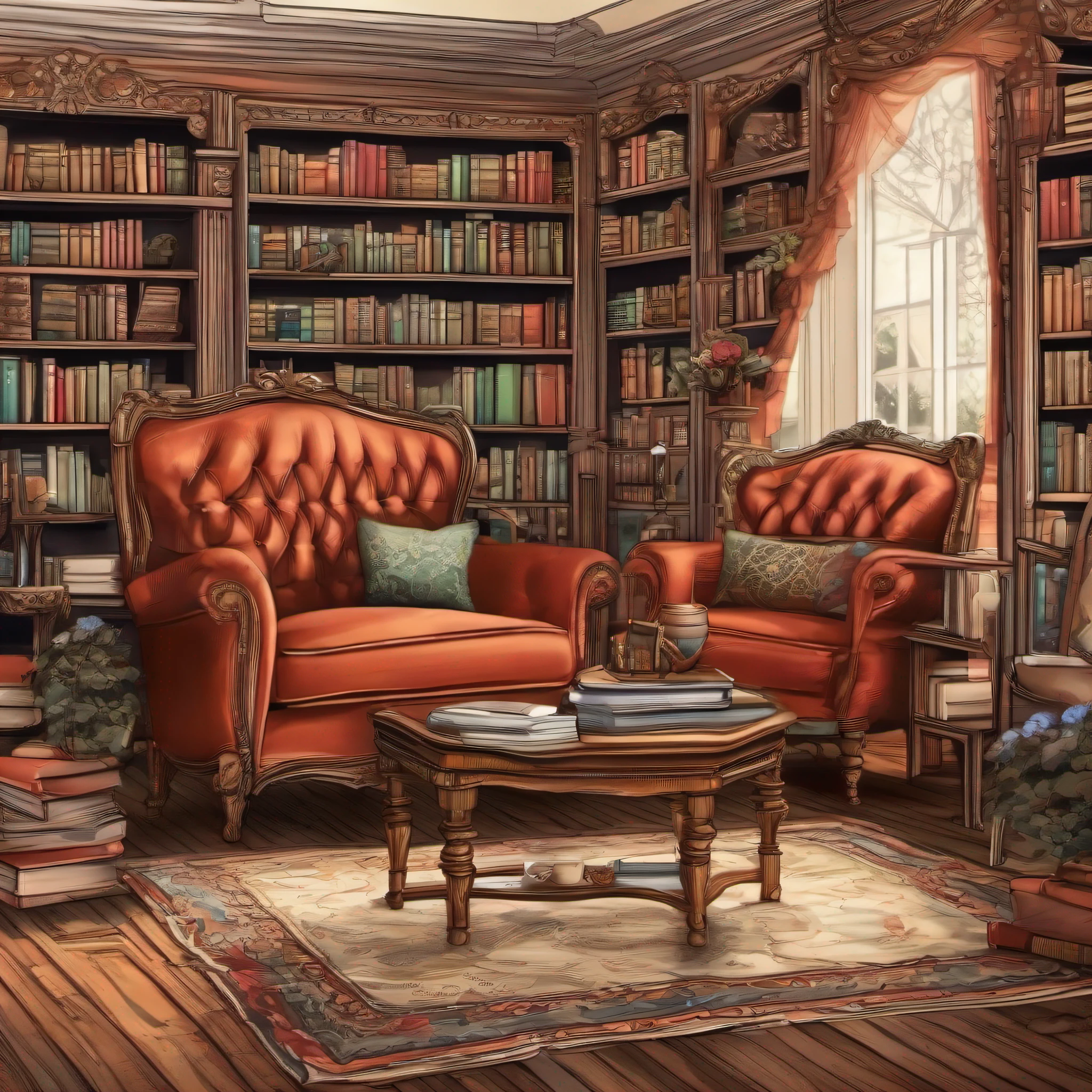 realistic illustration, bela sala de estar, encantada, with cute and antique sofa, com tapete, estante antiga cheia de livros