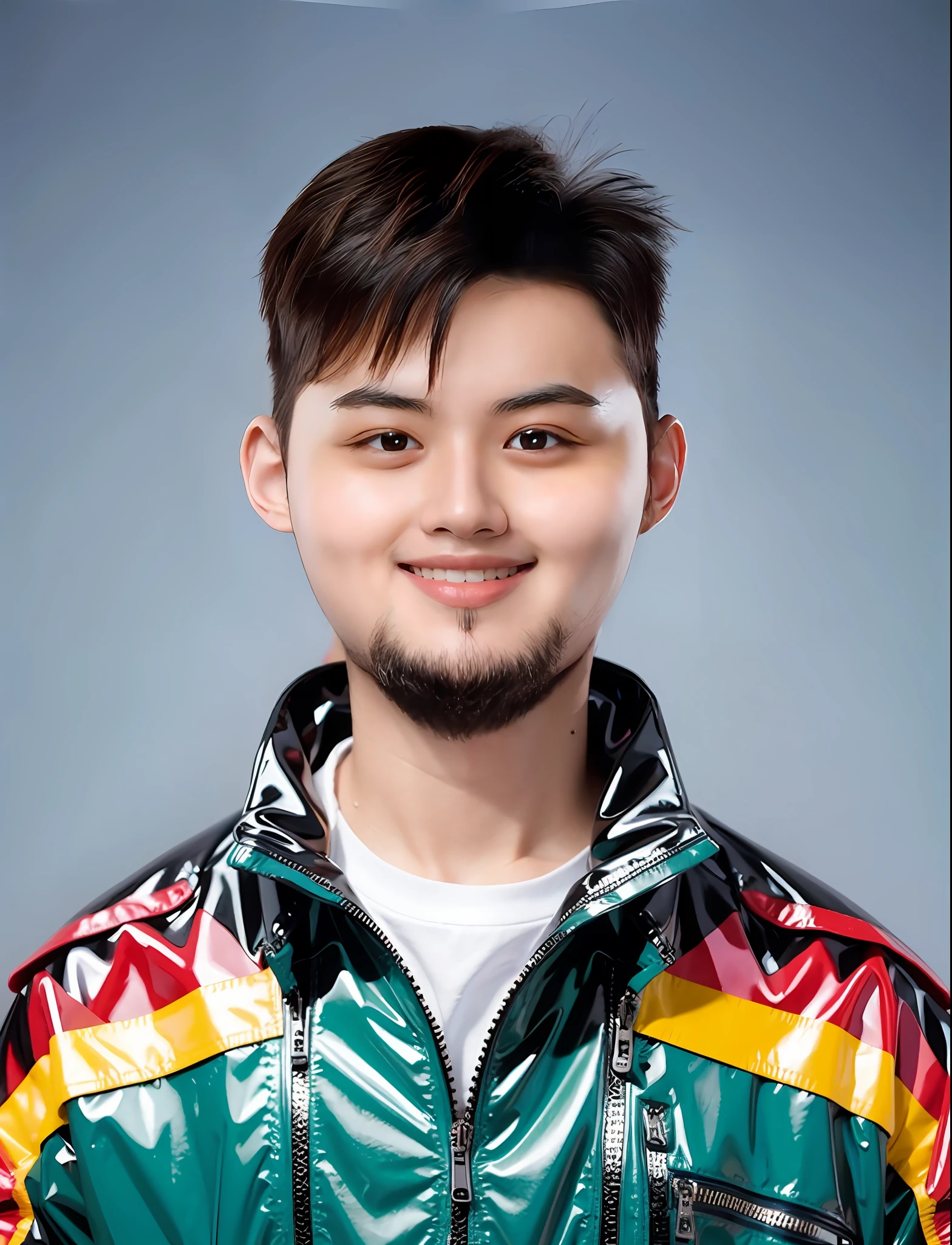 Man wearing PVC black Tokyo-style jacket for high school students,There are zippers,Gray back