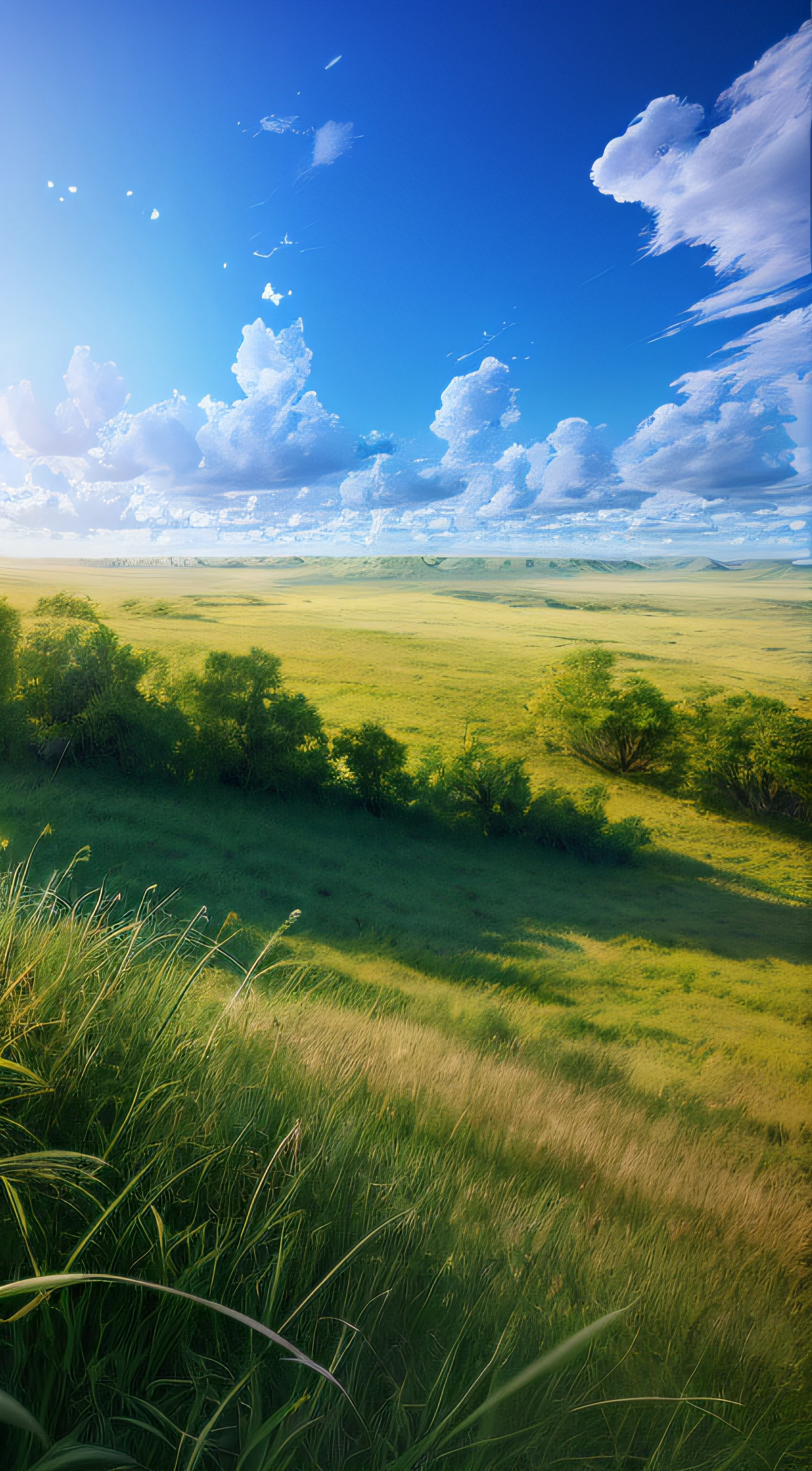 analogue style，ChromaV5，nvinkpunk，（Extremely detailed CG unity 8k wallpaper），Nearby are a small number of low shrubs and grasslands，In the distance is a blue sky and white clouds