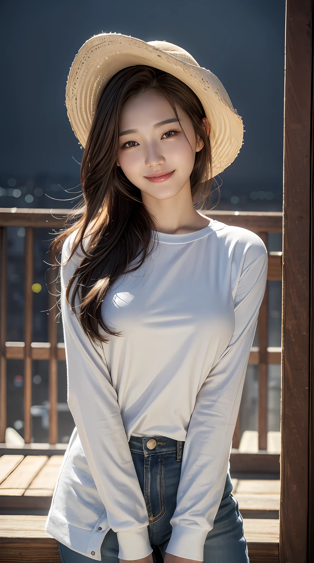 8k, best quality, masterpiece, realistic, ultra detail, photo realistic, hyper realistic, smoother lighting, increase cinematic lighting quality, realistic lighting, backlighting, brightening light, Increase quality, best quality real texture skin,
cowboy shot, slender, (cute face:1.4), smile, beautiful details eyes, 19years old korean girl, pretty, city,