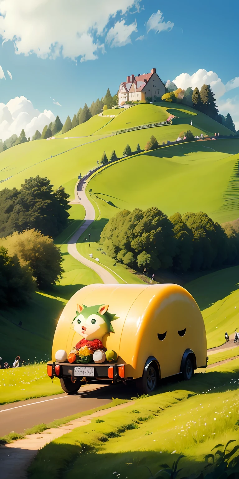 Cheese Rollin, (a green steep hill), hedgehogs, masterpiece, round cheese in wax, sports, excitement, cheering crowd,