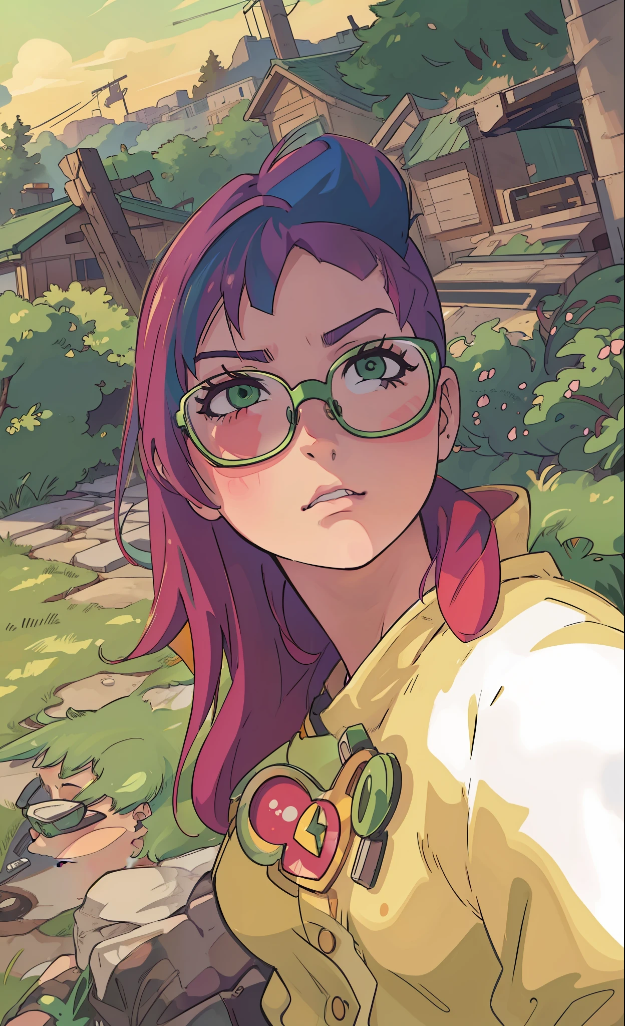 2D anime girl glasses frame green hair shaved side