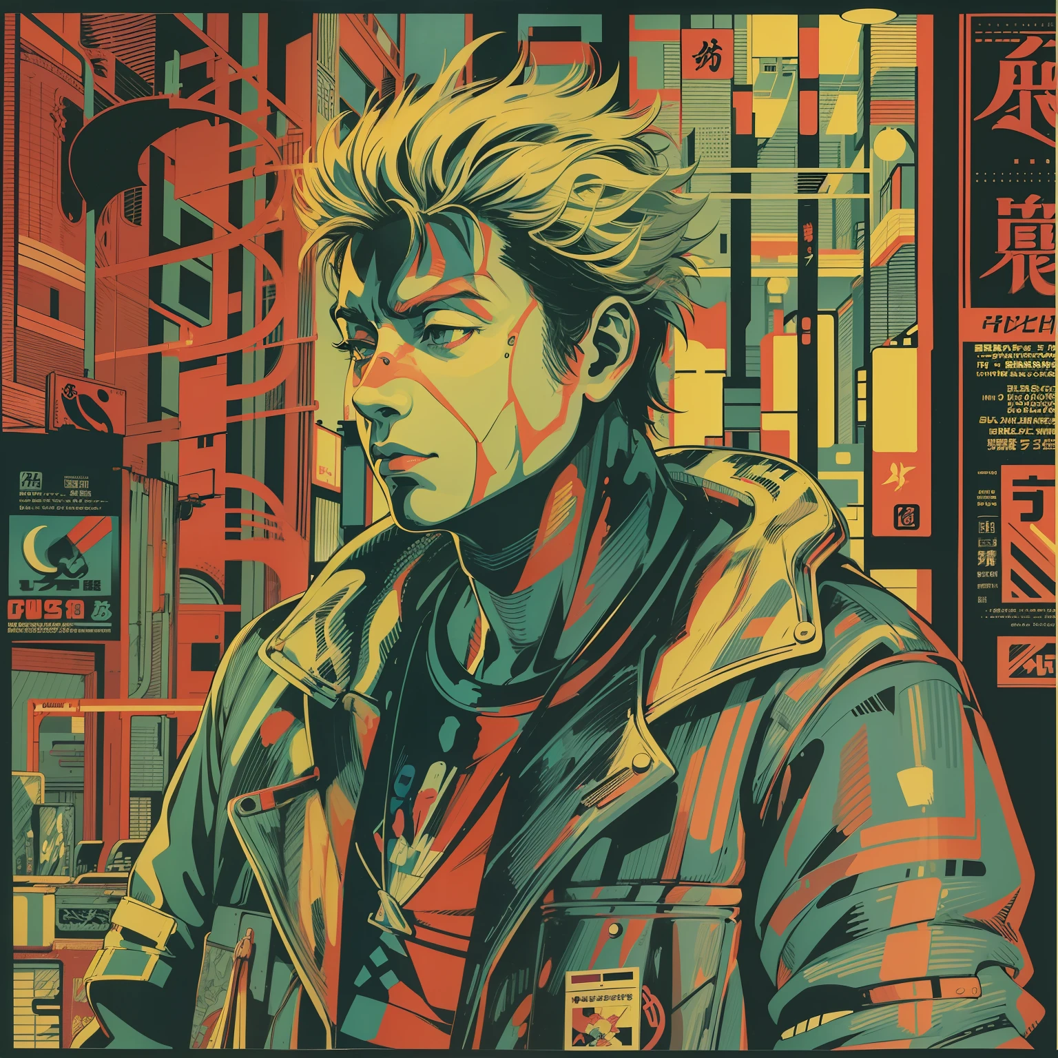 Japan School man, 80s, Pop Art, masterpiece, accurate, Poster, anatomically correct, hand drawn, simple lines, tshirt design, vector art, ilustration, digital art, anime style, magazine style, darkness color grid, cyberpunk color grid