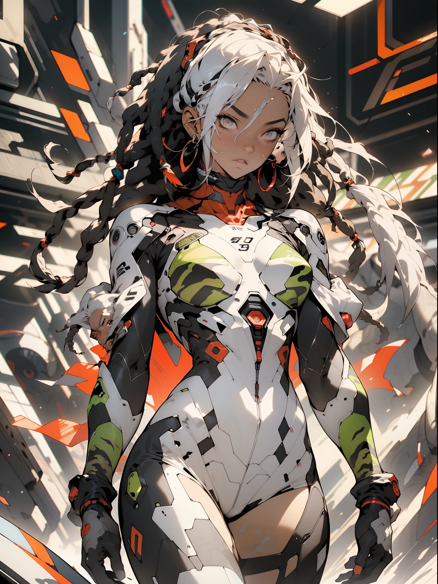 ((Best quality)), ((masterpiece)), (detailed: 1.4), (Absurd), Zulu warrior, zebra, African bracelets and necklaces, black skin, cybernetic hands, Clothing with zebra skin camouflage, explosion of colors, cosmic tattoo, nebulous, sculptural body defined muscle, whole body, half thick naked thighs, closed mouth, body covered by technological clothing, Neon Genesis Evangelion style, cyberpunk, generous neckline, ((perfect medium breasts)), (super light brown eyes), ((clothing with zebra skin camouflage)), (((black and white hair with dreadlocks)))), long and black eyelashes heavy makeup, various African jewelry, bare legs, by mucha, niji --V5, close to real, psychopath, crazy face, sexy pose, fractal background, 2 piece clothing, pastel, centered, scale to fit the dimensions, HDR (High Dynamic Range), Ray Tracing,NVIDIA RTX,Super-Resolution,Unreal 5,Subsurface Dispersion, PBR Texture, Post-processing, Anisotropic Filtering, Depth of Field, Maximum Clarity and Sharpness, Multilayer Textures, Albedo and Specular Maps, Surface Shading, Accurate Simulation of Light-Material Interaction, Perfect Proportions, Octane Render, Two-Tone Lighting, Wide Aperture, Low ISO, White Balance, Rule of Thirds, 8K RAW, Crysisnanosuit
