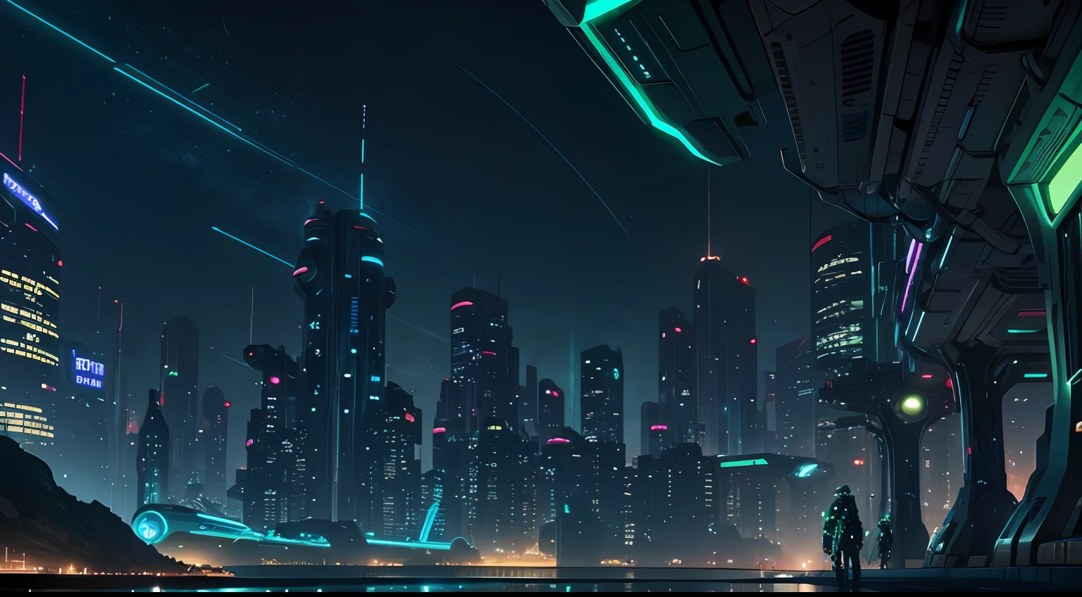 A futuristic hopeful busy city, Blue-green color scheme,cyber punk perssonage,the night,Have by the sea,