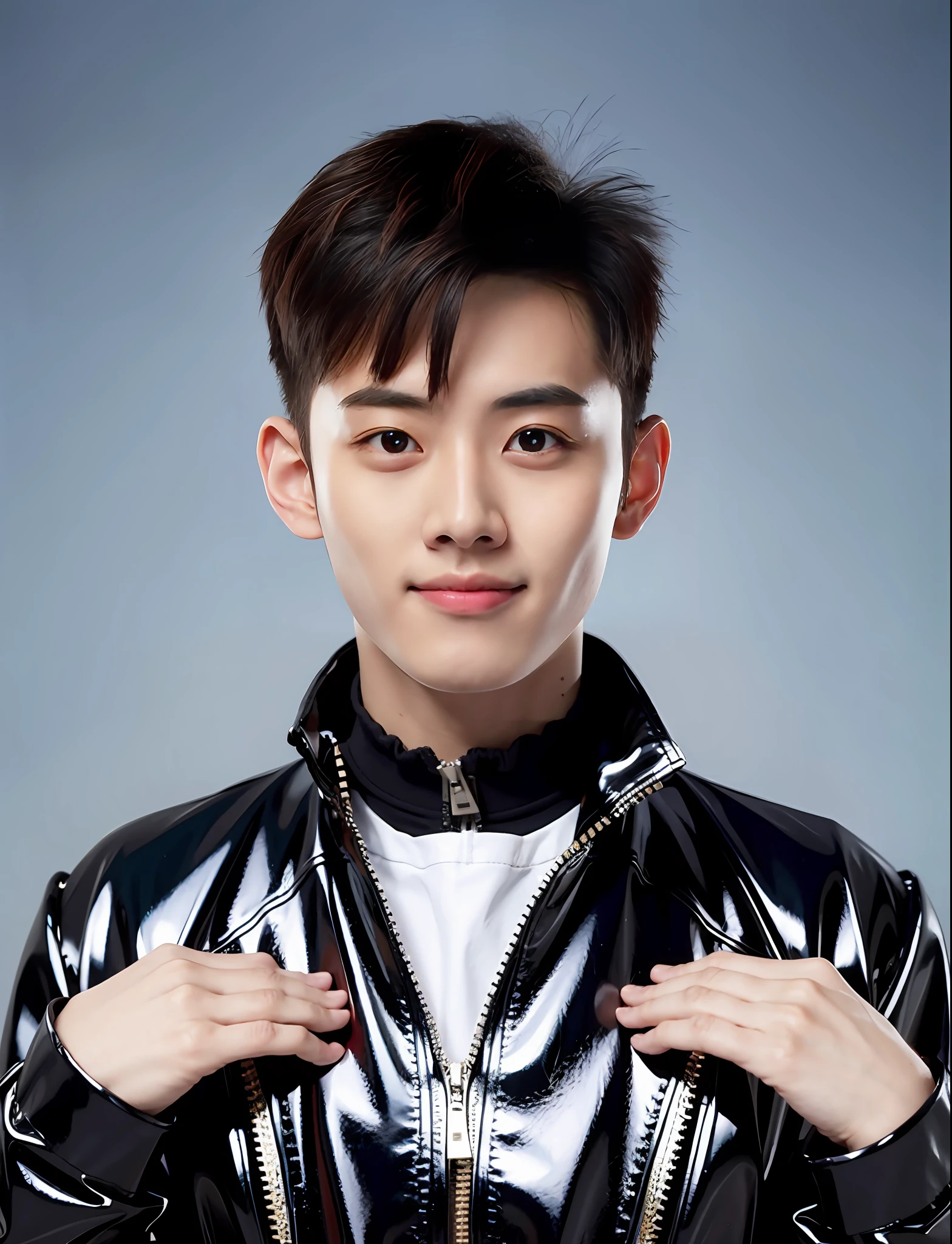 A man wearing a PVC black Tokyo-style jacket from a high school student,There are zippers,Gray back