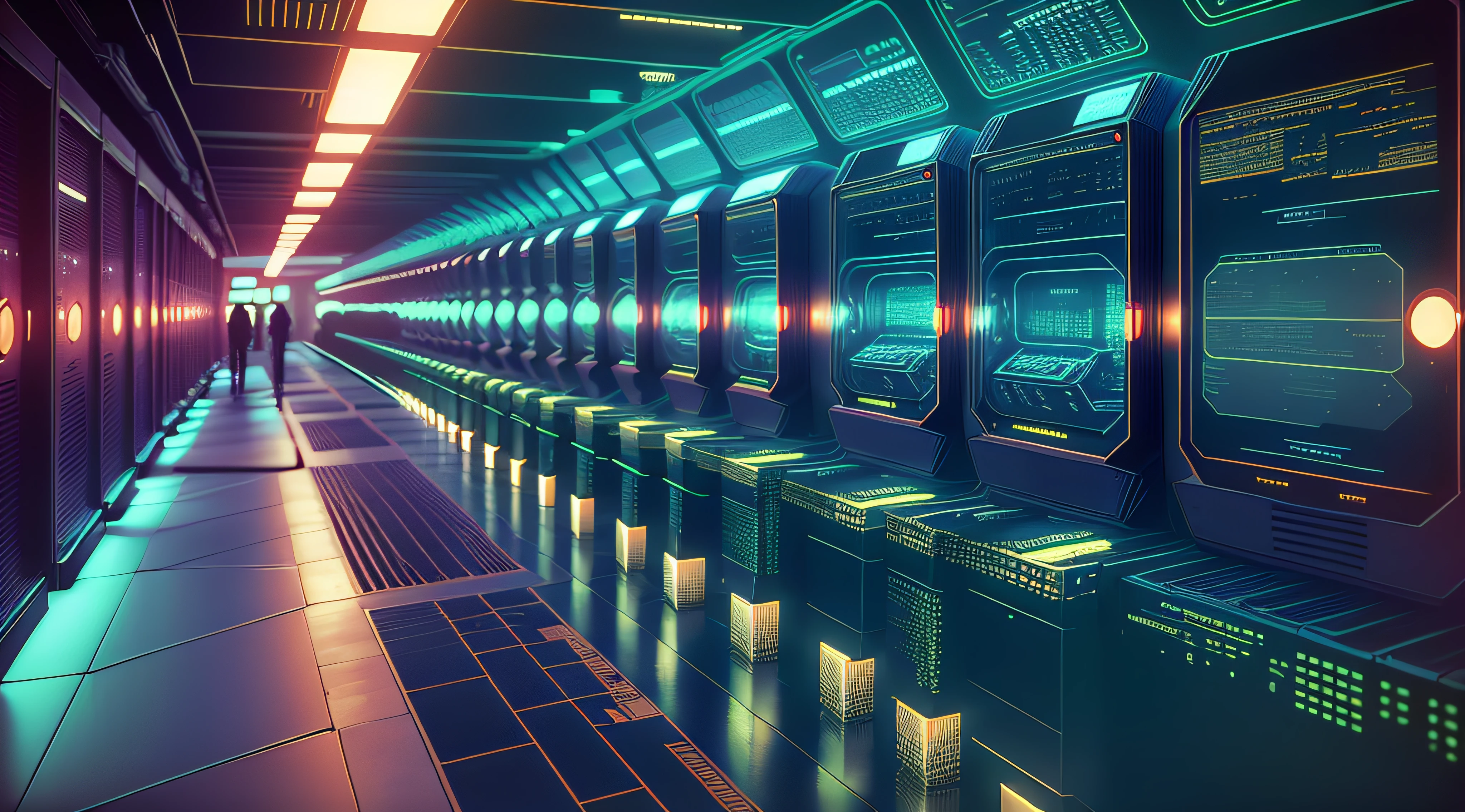 a dimly lit hallway with rows of data and computer screens, background is data server room, hacking into the mainframe, cyber space, in realistic data center, 3840x2160, 3840 x 2160, spaceship hallway background, cyber architecture, surreal cyberspace, in detailed data center