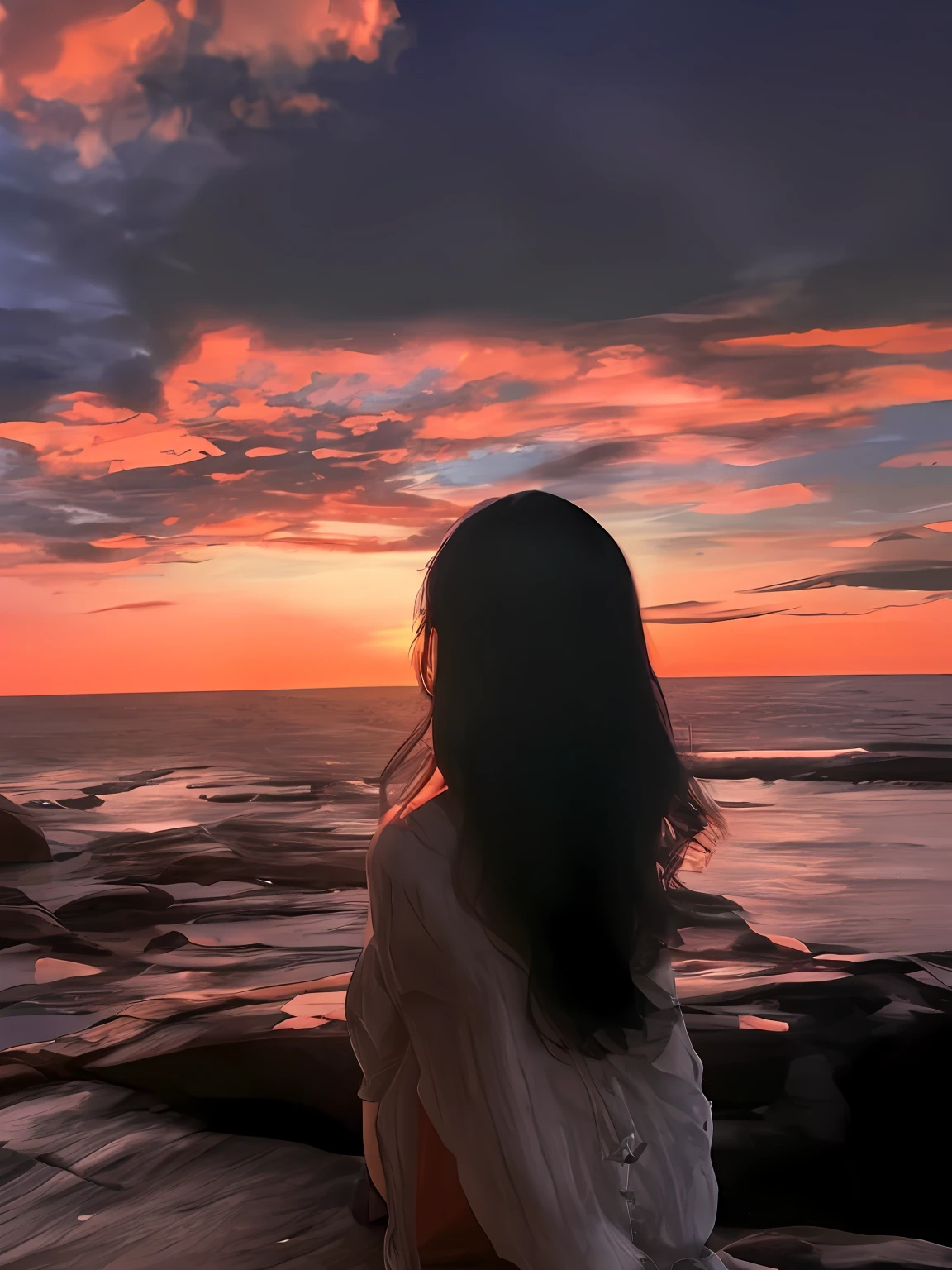 arafed woman sitting on a rock looking out at the ocean, watching the sunset, looking out at a sunset, girl watching sunset, With sunset, with a sunset, at a beautiful sunset, looking out at a sunset, watching the sunset, Beautiful and aesthetic, late sunset, The most beautiful sunset, In the sunset, sunset and big clouds behind her