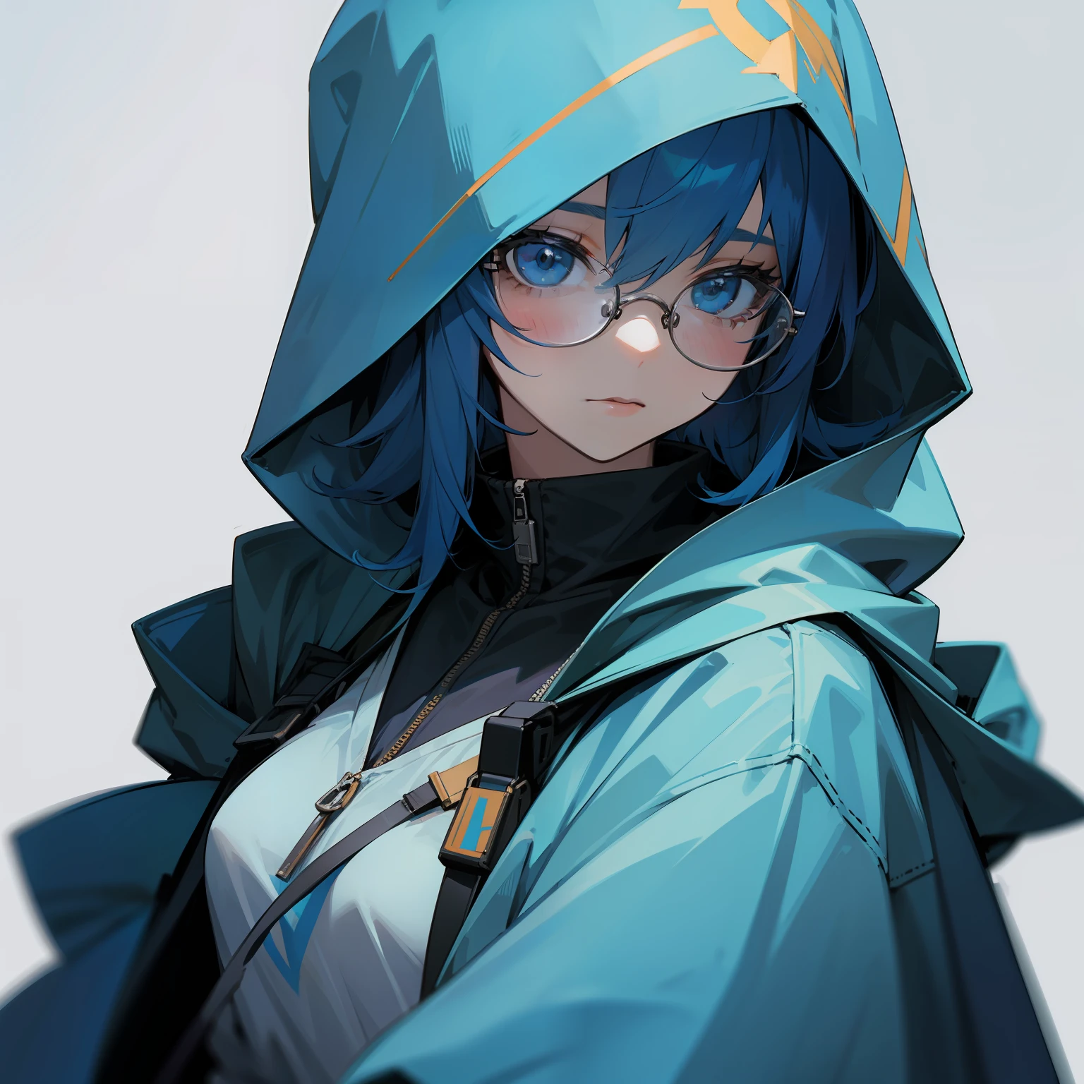 masterpiece, best quality, 1girl, blue hair, medium hair, hoodie, hood up, glasses, jewelry, simple background