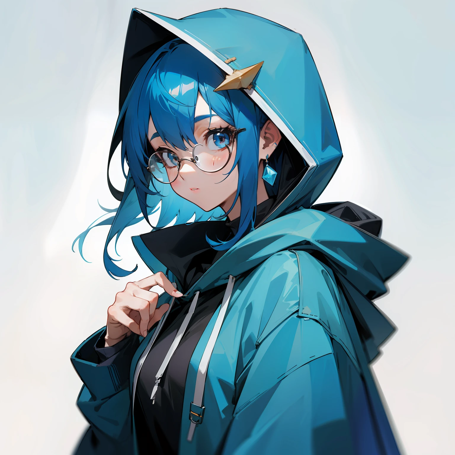 masterpiece, best quality, 1girl, blue hair, medium hair, hoodie, hood up, glasses, jewelry, simple background