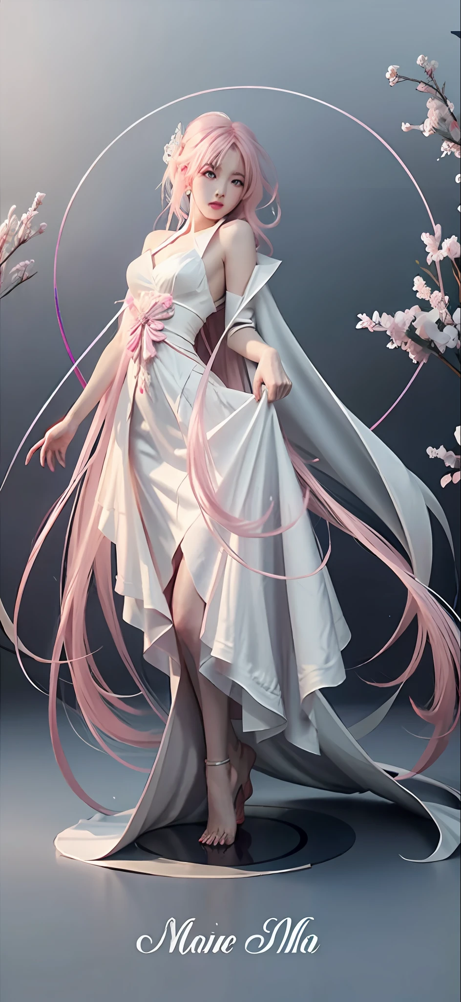 Anime - Stylistic image of a woman in a white dress，pink hair with long strands, trending on artstation pixiv, Guweiz in Pixiv ArtStation, flowing magical robe, Digital art on Pixiv, ((a beautiful fantasy empress)), Guweiz on ArtStation Pixiv, Anime goddess, cute anime waifu in a nice dress, flowing sakura-colored silk
