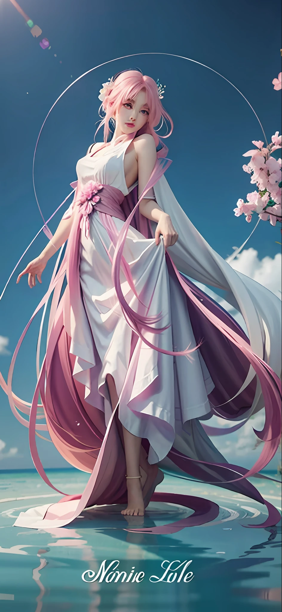 Anime - Stylistic image of a woman in a white dress，pink hair with long strands, trending on artstation pixiv, Guweiz in Pixiv ArtStation, flowing magical robe, Digital art on Pixiv, ((a beautiful fantasy empress)), Guweiz on ArtStation Pixiv, Anime goddess, cute anime waifu in a nice dress, flowing sakura-colored silk