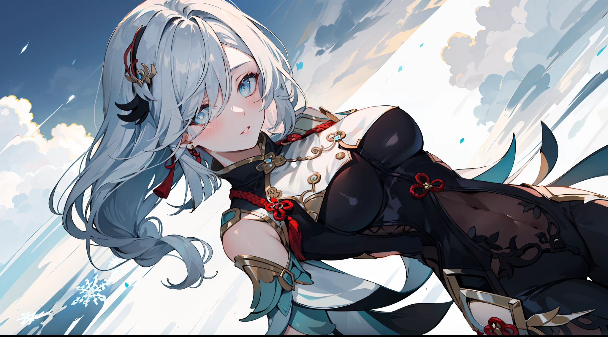 shenhedef, upper body, seductive look, blush, outdoors, snowflake scenery, looking at viewer, cloudy, moody lighting, (perfect detail eyes:1.2), glowing eyes, (long hair one braid:1.2), elemental skill effect, (Masterpiece, Best Quality, High Quality:1.4), professional artwork, Intricate Details, field of view, sharp focus, detailed painting, photorealistic lighting, trending on pixiv, (vivid lighting, vibrant colors:1.05), realistic shadows, ambient occlusion, (athletic body:1.3), mature woman, 30yo,