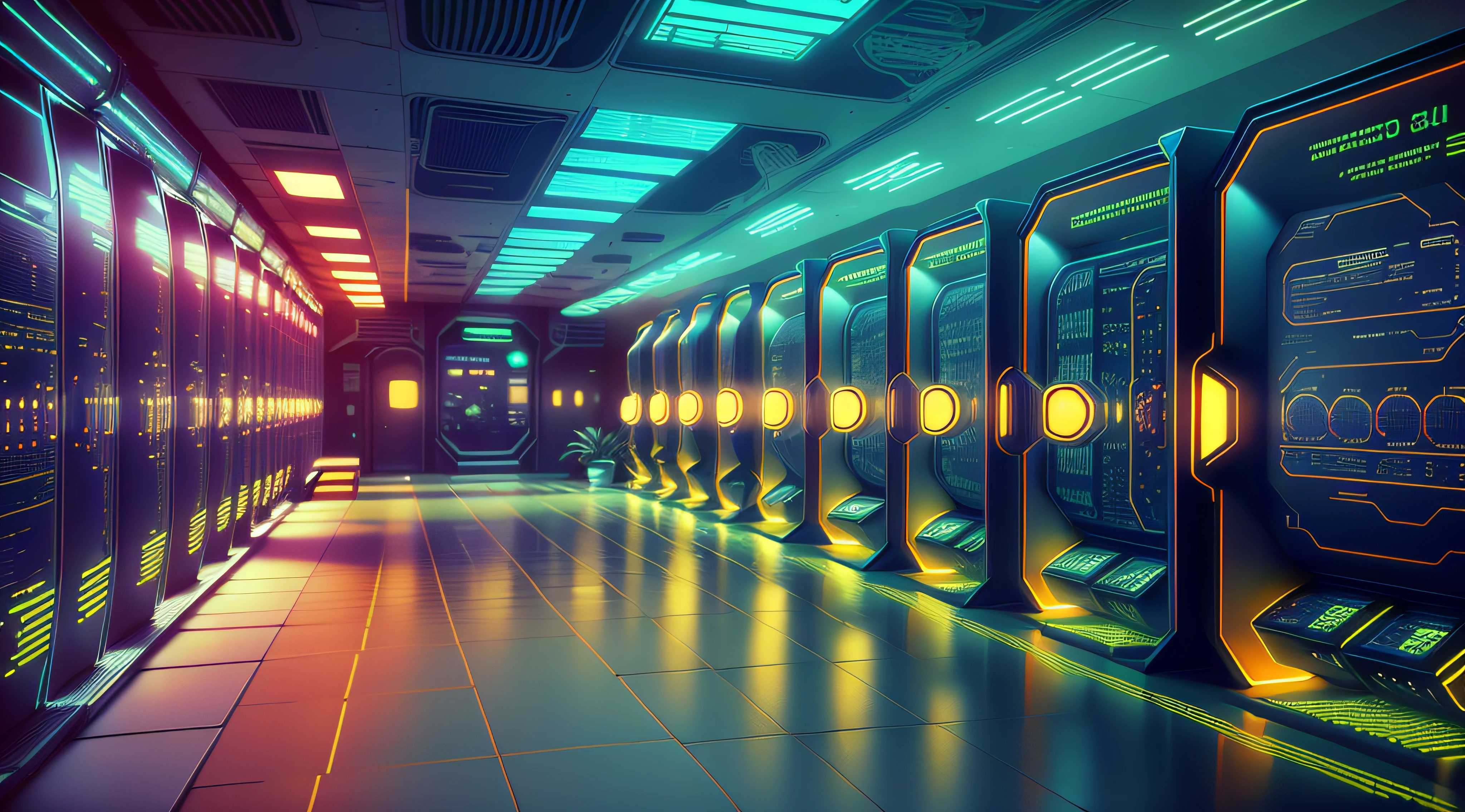a dimly lit hallway with rows of data and computer screens, background is data server room, hacking into the mainframe, cyber space, in realistic data center, 3840x2160, 3840 x 2160, spaceship hallway background, cyber architecture, surreal cyberspace, in detailed data center