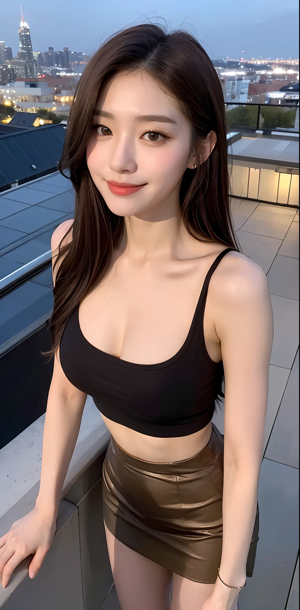 ((Midnight, Best quality, 8k, Masterpiece :1.3)), Whole body, Long legs, Sharp focus :1.2, A pretty woman with perfect figure :1.4, Slender abs, slender thigh :1.1, ((Dark brown hair, Big breasts :1.2)), (tanktop, skirt, sneakers, standing :1.2), ((Night city view, Rooftop:1.3)), Highly detailed face and skin texture, Detailed eyes, Double eyelid, close up, smirk, From below, legs open