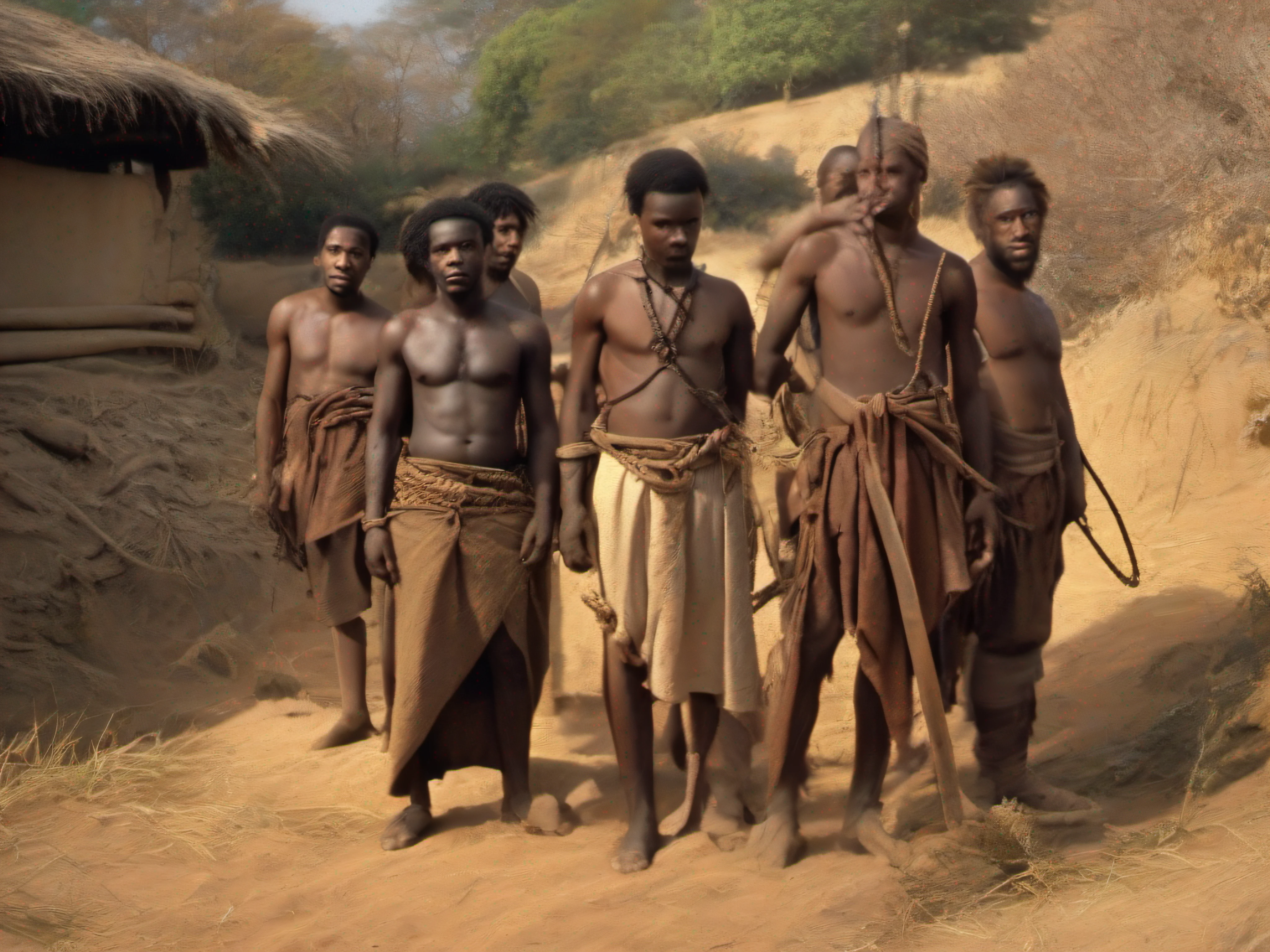 Five half-naked African slaves tied with a rope, descendant un escalier, tristesse dans les yeux, corps entier nu, no clothe, pas de coiffe, cheveux noirs, Dynamic scene from the movie Amistad, looking at the 50mm camera, Realistic photo HD, Diffuse light, Rebel Republic Environment, , hyper detailed, Whole size, Plusieurs hommes et femmes esclaves debout, loin cloth, esclaves, Himba, corps entiers, all are chained, chaines en fer, Hands tied with a large rope, Homme africain, Enslaved humans, Screenshot of movie 300, Samuel Jackson, africain, The man has black skin, Scene from the movie Amistad, dark-skinned, pagne