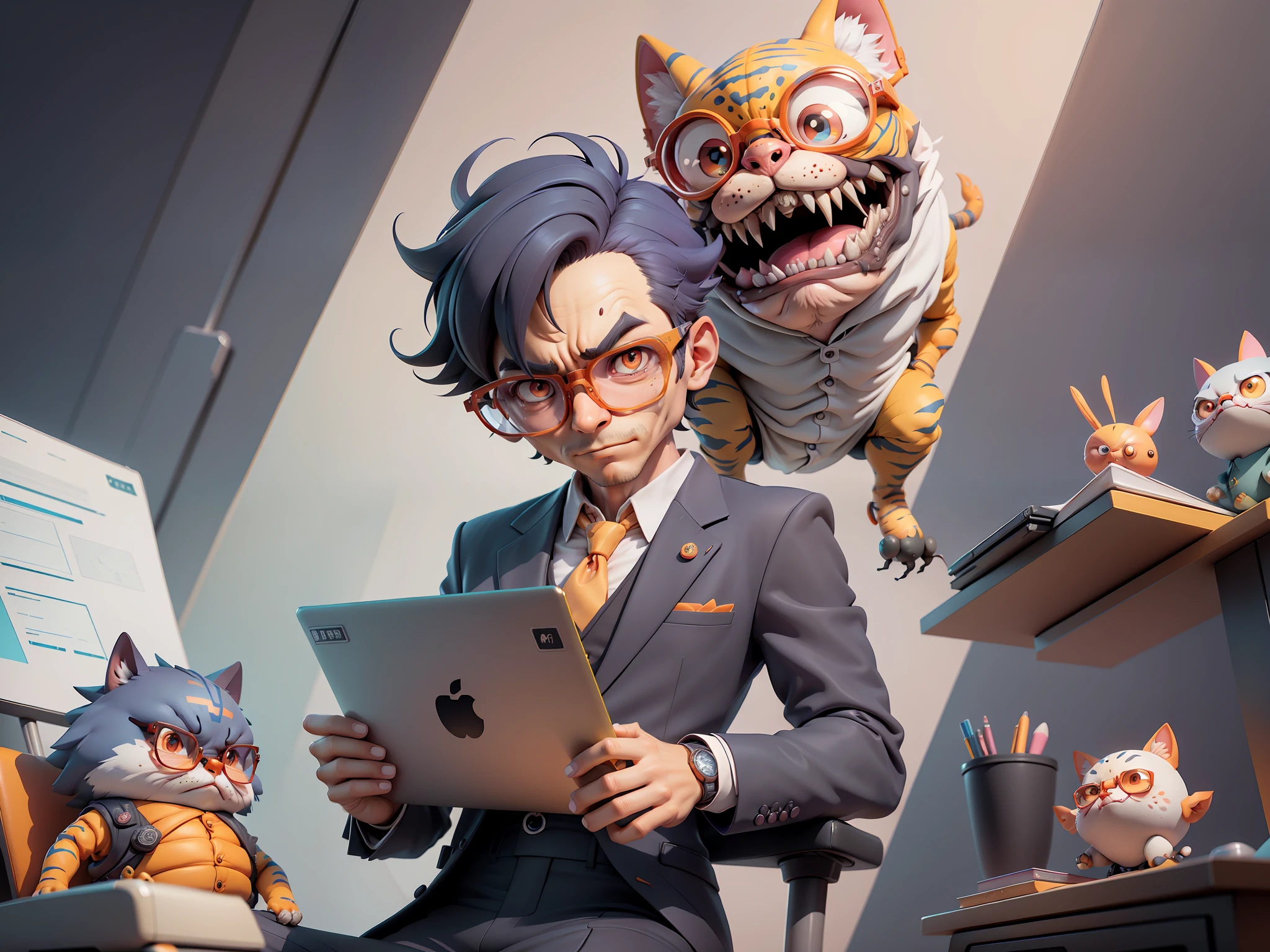 A young man in a suit, Short hair and glasses sat at his desk，holding laptop，digitial painting，tigre，3D character design by Mark Clairen and Pixar and Hayao Miyazaki and Akira Toriyama，4K HD illustration，Very detailed facial features and cartoon-style visuals。