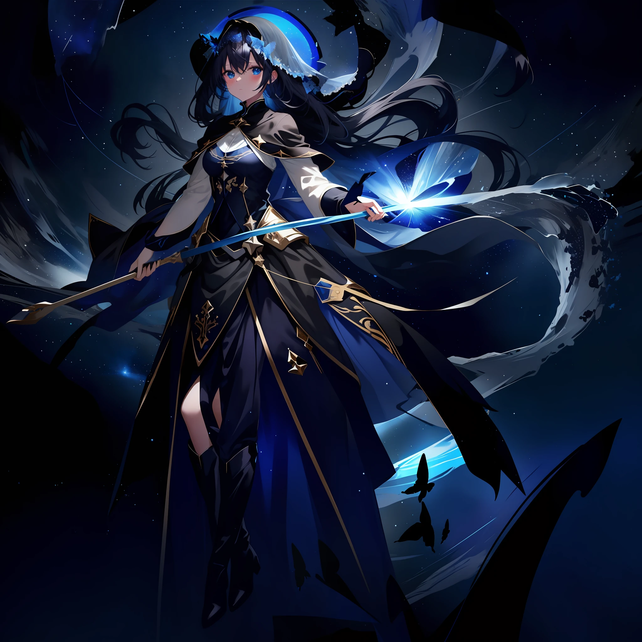 Light dark blue veil,Over-the-knee black silk with dark blue boots,Deep dark starry sky universe,Dark blue butterflies fly in flocks,There is a celestial black hole at your feet