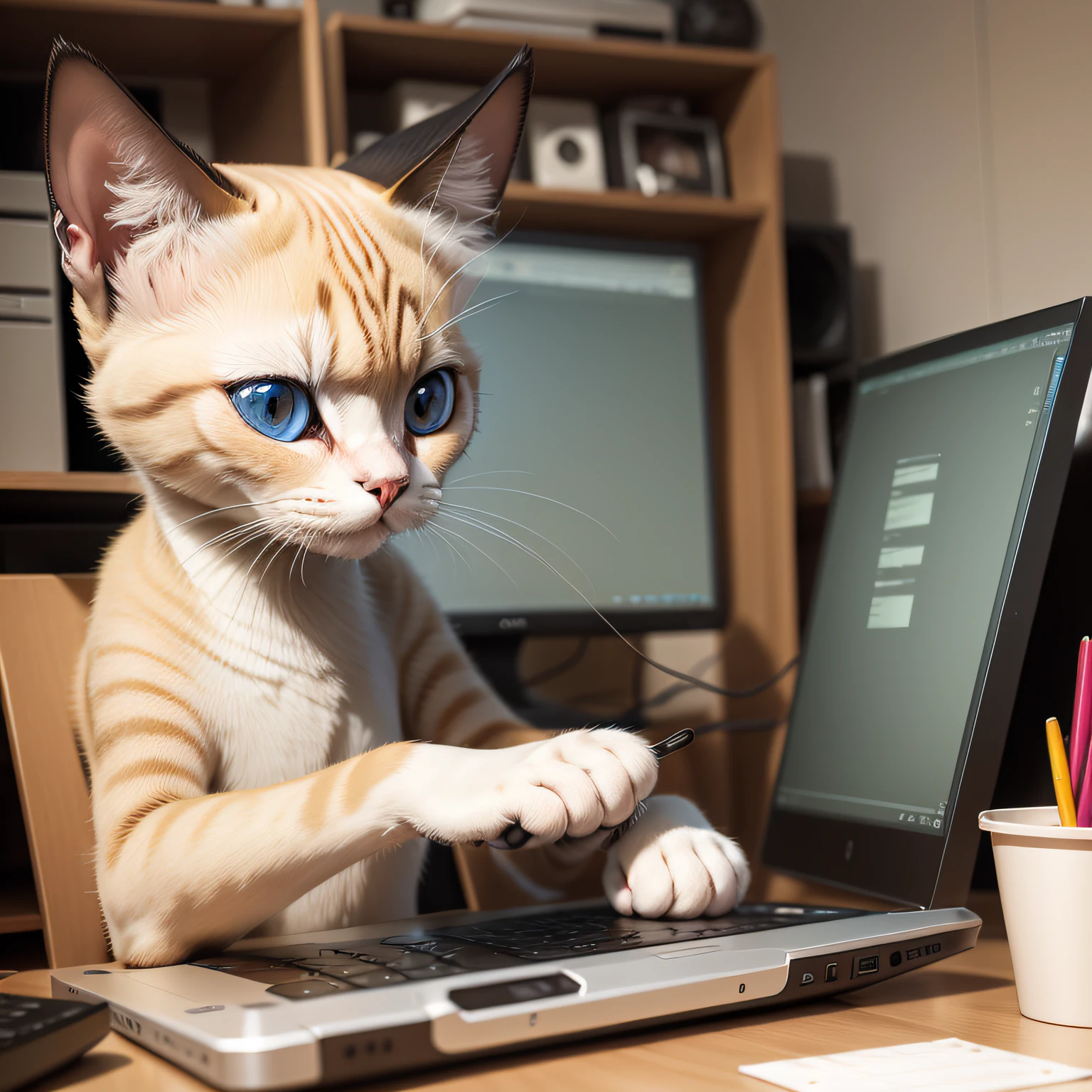 Make a carton-style drawing of a Siamese cat fiddling with a computer, com o fundo espacial, com codigos