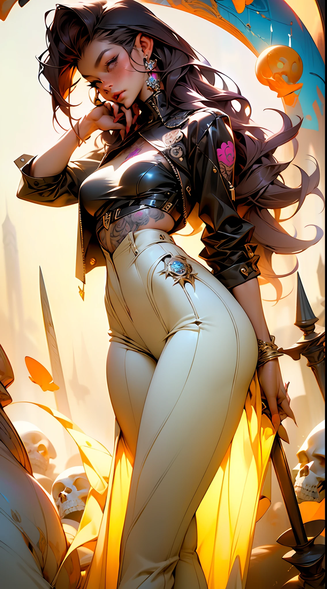 ((best quality)), ((masterpiece)), ((realistic)), (detailed) lilac,white,(fisheye), 1ghotic girl with fluid hair, melt, sexy, lace clothes, tattoos, lots of skulls, mandalas, cinematic, sharp, ray tracing, brightness, luminosity
