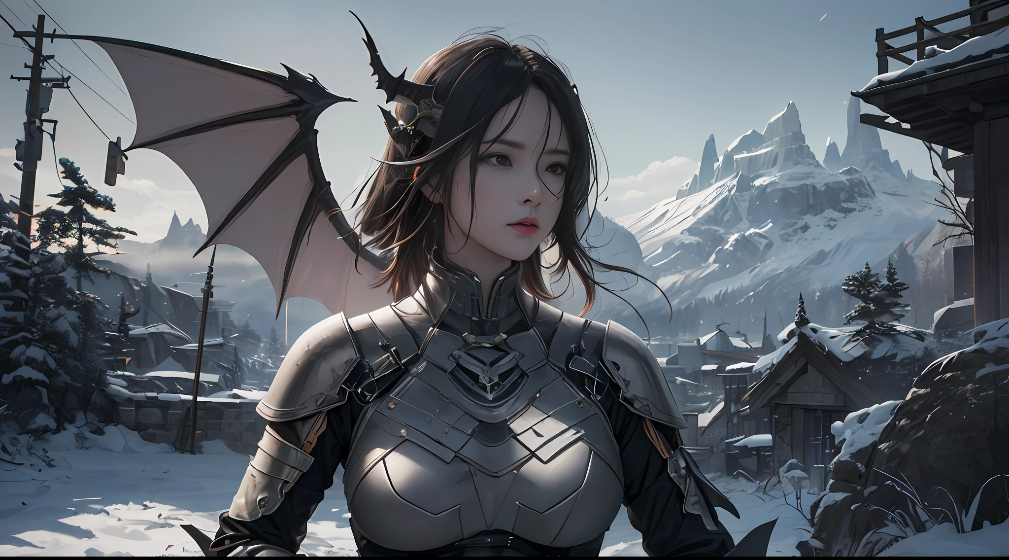 Photorealistic, Ultra photo realsisim, Extremely detailed, ultra - detailed, Soft lighting, Detailed background, Extreme detail background, sharp detailed, ((full bodyesbian)), woman,solo person,Dragon's horn,Bat wings,fog atmosphere,Leather clothes,Tattooed with,wildness,whaite hair,Snow-capped mountains in the background,photorealistic portrait,dynamicposes,dramatics,hdr(HighDynamicRange),Ray traching,NVIDIA RTX,Hyper-Resolution,Unreal 5,Subsurface scattering、PBR Texture、post-proces、Anisotropy Filtering、depth of fields、maximum definition and sharpness、Many-Layer Textures、Albedo e mapas Speculares、Surface coloring、Accurate simulation of light-material interactions、perfectly proportions、rendering by octane、Two-colored light、largeaperture、Low ISO、White balance、the rule of thirds、8K raw data、
