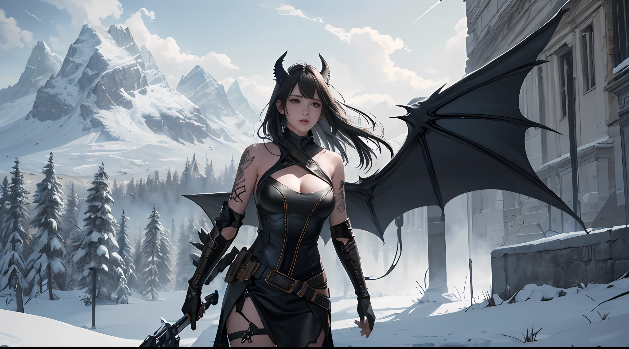 Photorealistic, Ultra photo realsisim, Extremely detailed, ultra - detailed, Soft lighting, Detailed background, Extreme detail background, sharp detailed, ((full bodyesbian)), woman,solo person,Dragon's horn,Bat wings,fog atmosphere,Leather clothes,Tattooed with,wildness,whaite hair,Snow-capped mountains in the background,photorealistic portrait,dynamicposes,dramatics,hdr(HighDynamicRange),Ray traching,NVIDIA RTX,Hyper-Resolution,Unreal 5,Subsurface scattering、PBR Texture、post-proces、Anisotropy Filtering、depth of fields、maximum definition and sharpness、Many-Layer Textures、Albedo e mapas Speculares、Surface coloring、Accurate simulation of light-material interactions、perfectly proportions、rendering by octane、Two-colored light、largeaperture、Low ISO、White balance、the rule of thirds、8K raw data、