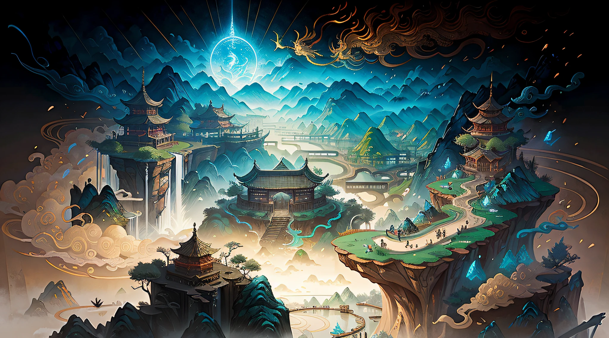 Ancient Chinese landscapes，mountain ranges，rios，Auspicious clouds，rays of sunshine，tmasterpiece，super detailing，Epic composition，hyper HD，high qulity，extremely detaile，offcial art，Unity8k wallpapers，super detailing，32k，Various types of demon characters in the picture，Refer to the Qingming upper river map