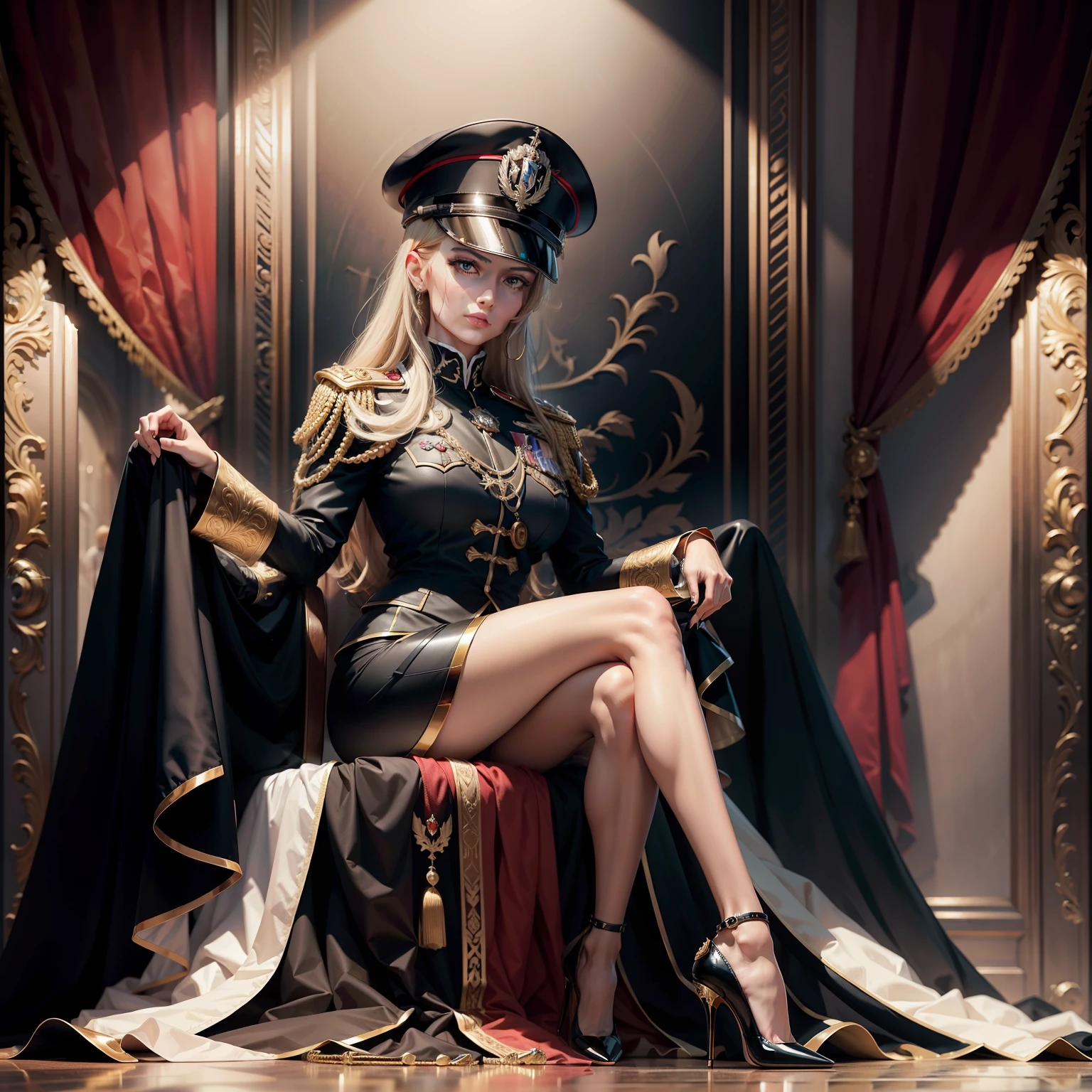 The uniform of the Second German Reich,marshal,Very many medallions,There must be a lot of ornaments on the body,luxury goods,There must be only one person in the whole picture,All high heels must be displayed in their entirety,The entire leg must be displayed in its entirety, And must wear extra-long gloves,Stockings are mandatory,High heels must be worn,It is forbidden to appear men,Must be a full-body image,anatomy correct,(realisticlying,tmasterpiece,The best quality,hyper HD,The is very detailed,cinmatic lighting),(delicated face,best qualtiy,very detailed eyes and faces,Amazing beauty