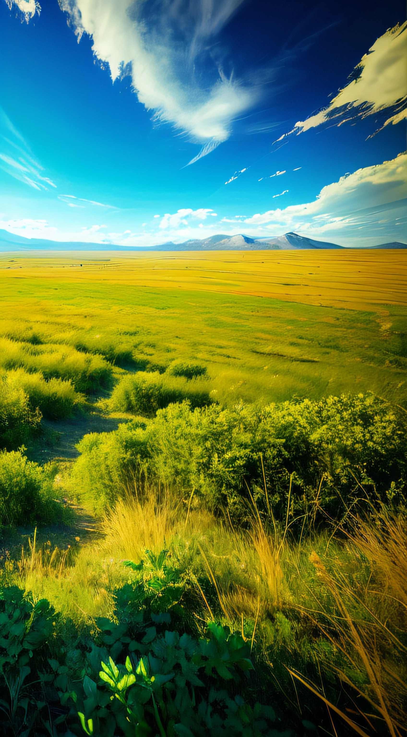 analogue style，ChromaV5，nvinkpunk，（Extremely detailed Cg Unity 8K wallpaper），There are a small number of low shrubs and grasslands nearby，In the distance is a blue sky and white clouds