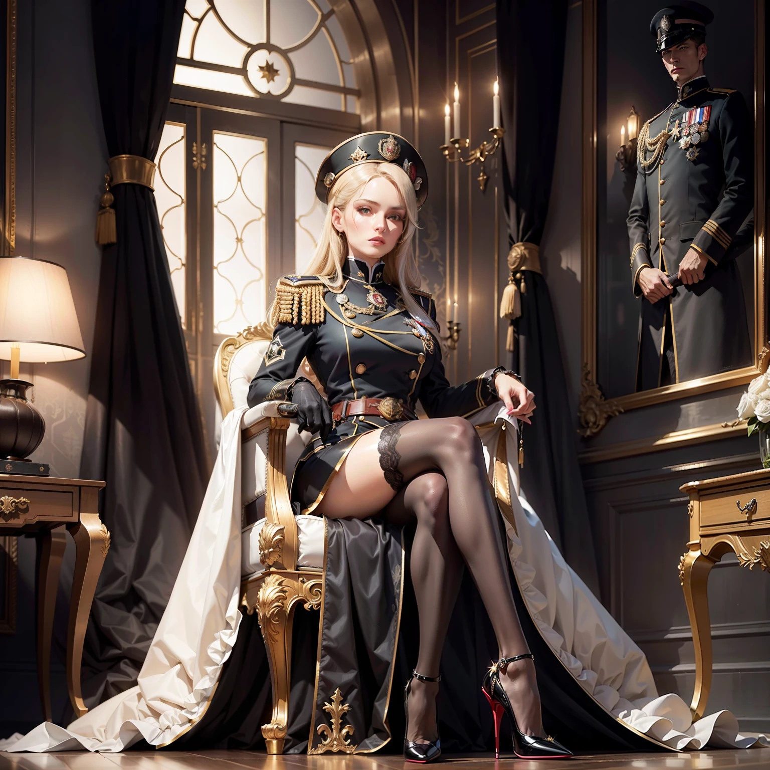 The uniform of the Second German Reich,marshal,Very many medallions,There must be a lot of ornaments on the body,luxury goods,There must be only one person in the whole picture,All high heels must be displayed in their entirety,The entire leg must be displayed in its entirety, And must wear extra-long gloves,Stockings are mandatory,High heels must be worn,It is forbidden to appear men,Must be a full-body image,anatomy correct,(realisticlying,tmasterpiece,The best quality,hyper HD,The is very detailed,cinmatic lighting),(delicated face,best qualtiy,very detailed eyes and faces,Amazing beauty