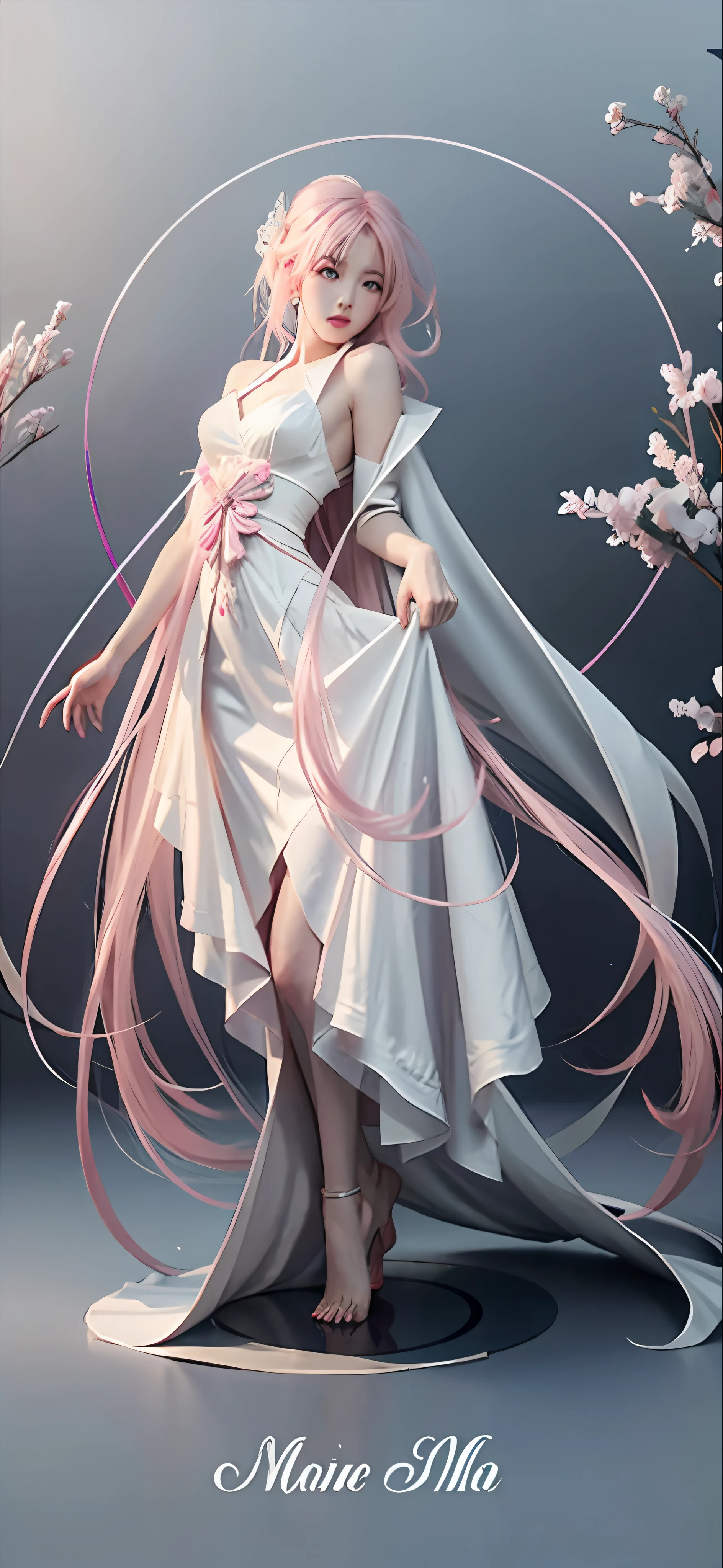 Anime - Stylistic image of a woman in a white dress,pink hair with long strands, trending on artstation pixiv, Guweiz in Pixiv ArtStation, flowing magical robe, Digital art on Pixiv, ((a beautiful fantasy empress)), Guweiz on ArtStation Pixiv, Anime goddess, cute anime waifu in a nice dress, flowing sakura-colored silk