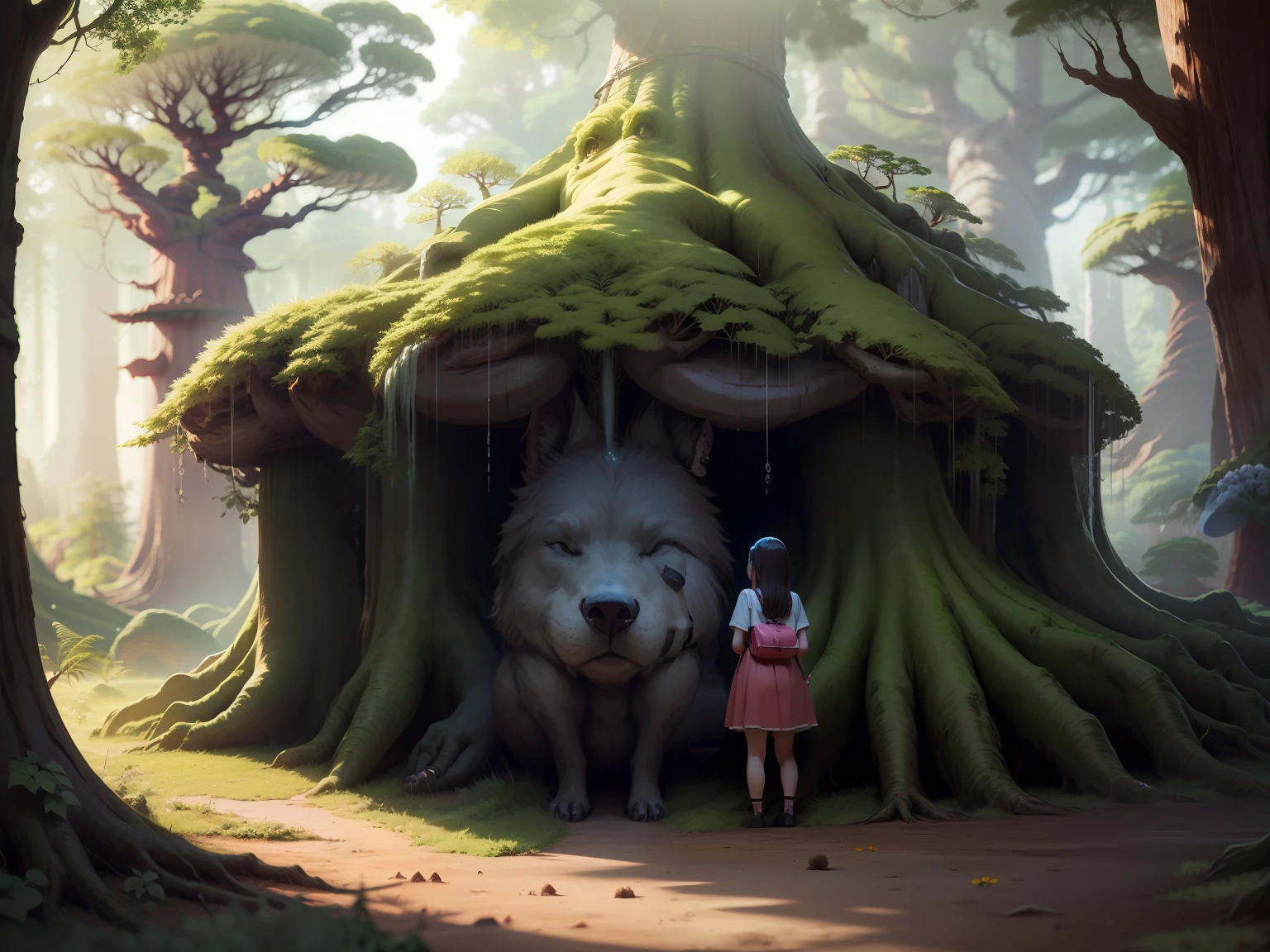 Best quality, 4k, a monster with dog face sleeps, a girl sleeps on the monster, daily life, flower, ivy, forest, monster with dog ear, fluffy monster, (big trees:2),(clear face of a girl),