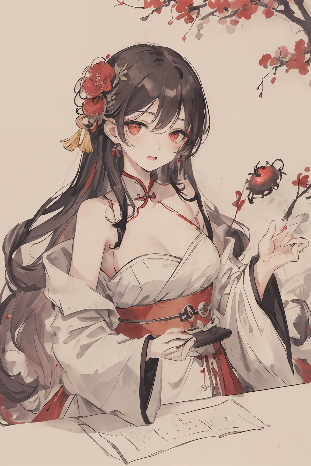 ((High resolution)), (Open Mouth), (Bust), (Top Quality), ((Super Fine)) (Super Fine CG)), ((8k_wallpaper)), Dynamic Angle, Floating, (Eyes with Beautiful Details), Very Delicate and Beautiful Girl, Upper Body, Ink Painting, (Chinese Style), Dark Eyes, Burning, Detail Light. from_low, (black hair), (red spider) lily: 1.33), aqua eye, (hair flower: 1.3), Bloom, single, starry sky, hair accessories, earrings, jewelry, messy hair, bare shoulders, half-closed eyes, bloom, (men), (Hanfu: 1.3), (Medium breasts): 1.2), (Eyeshadow, Red Eyeliner: 1.15), (Eyeshadow, Red Eyeliner: 1.15), (Eyeshadow, Red Eyeliner: 1.15), (Visible Eyes Through Hair: 1.2), (Solo Exhibition), Red Moon