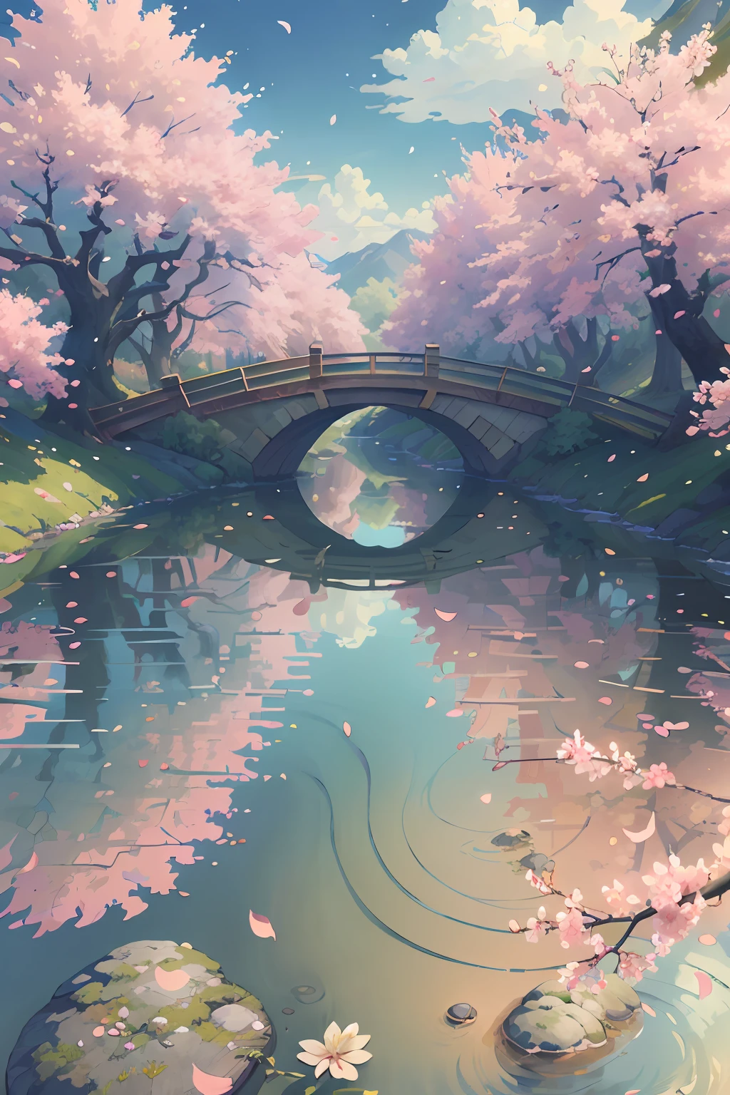 original,(illustration:1.1),(best quality),(masterpiece:1.1),(extremely detailed CG unity 8k wallpaper), (colorful:1.2), sakura tree, sakura petals,landscape, river|road,