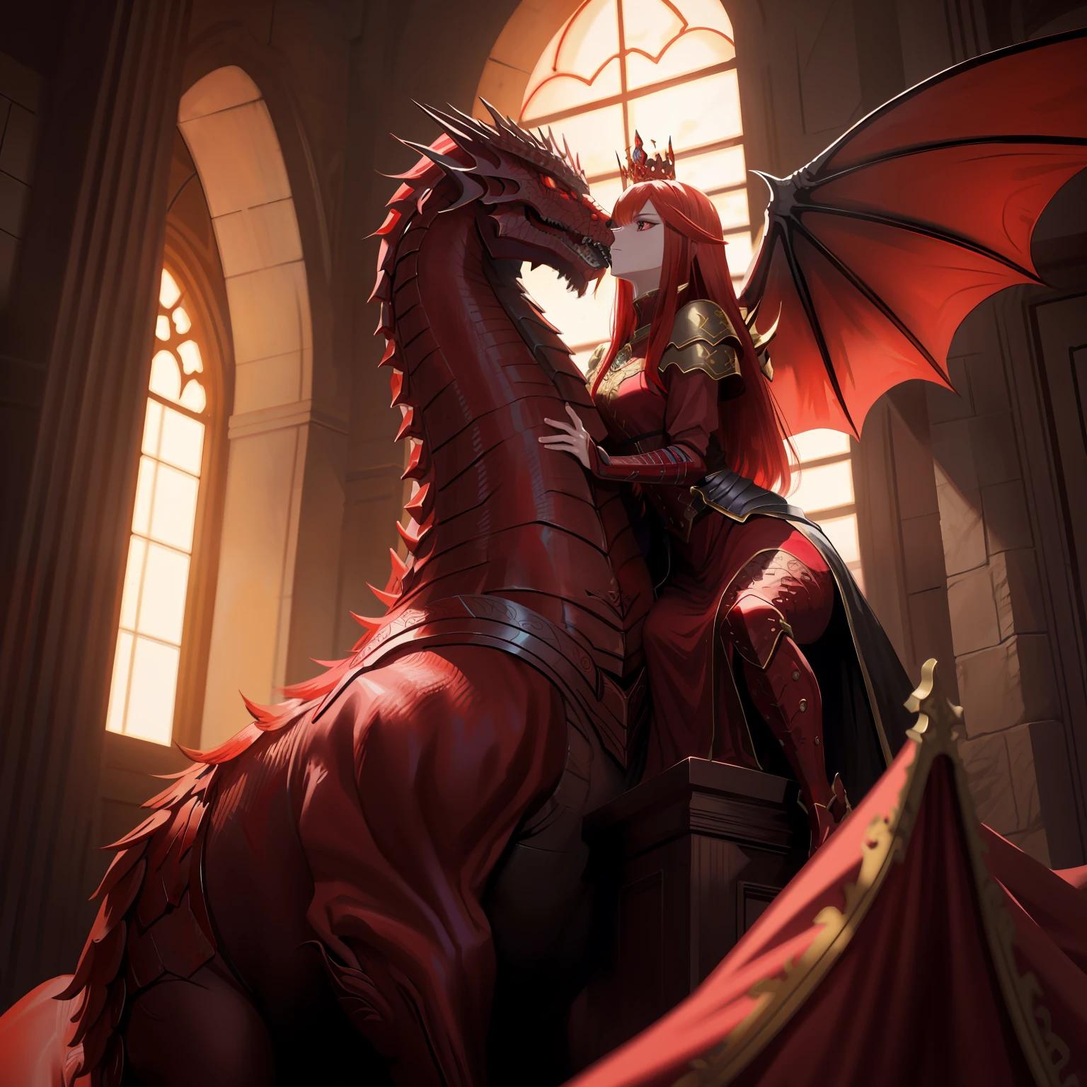 The room has a statue of a woman riding a dragon, Dragon Queen, queen of dragons, dragon kiss, 2. 5 D CGI anime fantasy artwork, 8K high quality detailed art, abaddon and magali villeneuve, redhead queen in heavy red armor, inspired by Magali Villeneuve, by Cynthia Sheppard, WLOP and Sakimichan