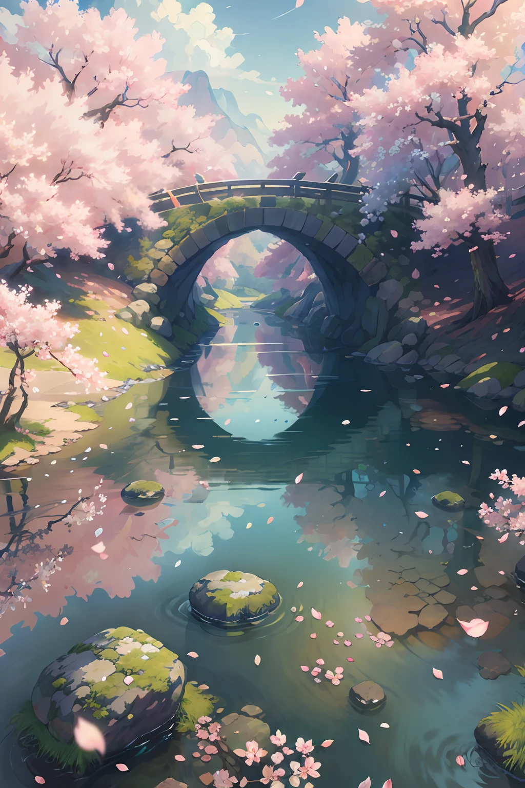 original,(illustration:1.1),(best quality),(masterpiece:1.1),(extremely detailed CG unity 8k wallpaper), (colorful:1.2), sakura tree, sakura petals,landscape,  river|road,