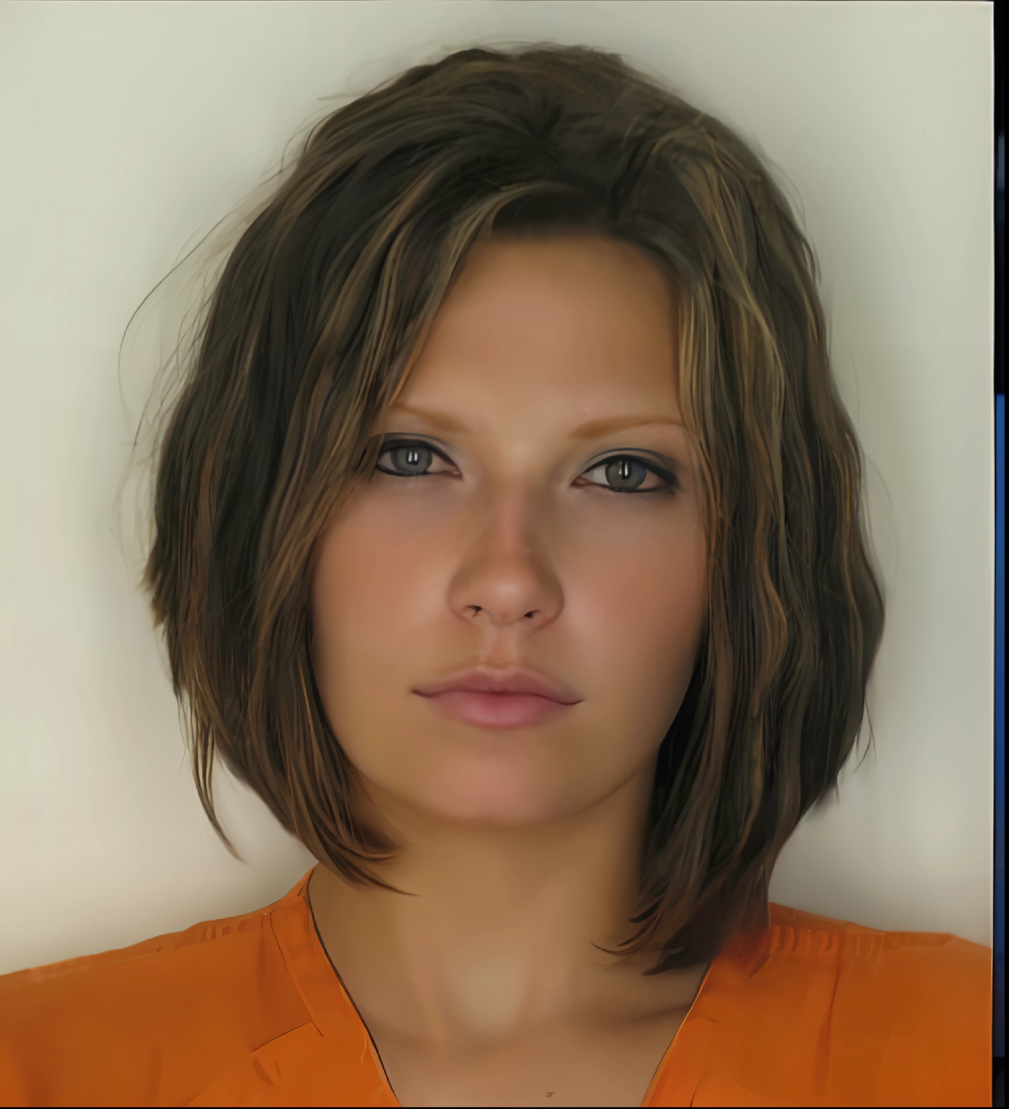 a close up of a woman in an orange shirt with a white background, mugshot!!!!!, mugshot!!!, mugshot, mug shot, criminal mugshot, nicole de boer, the woman is behind bars, in jail, mugshots, brave police j decker face, her hair is natural disheveled, photograph credit: ap, dressed in orange inmate attire, in prison, arrested