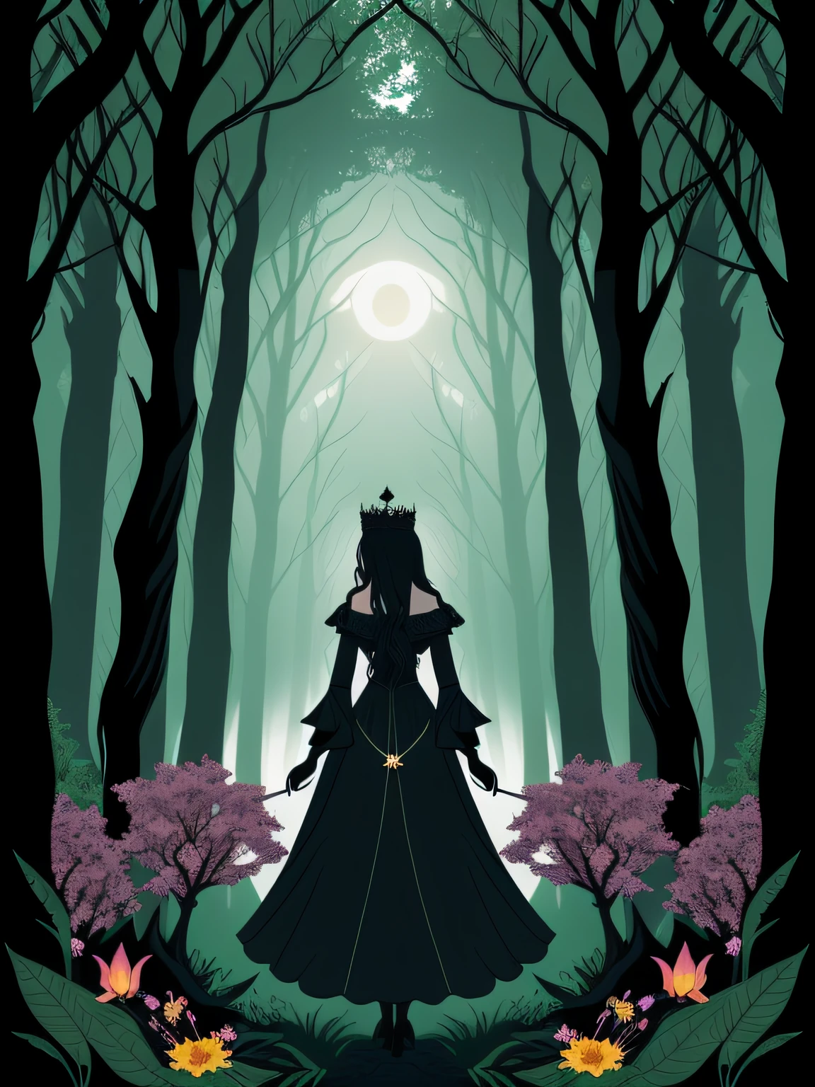 vector art of a mystical witch strolling through an enchanted grove, in harmony with nature's magic. Depict the witch with earthy tones and natural motifs, wearing a crown of leaves and flowers. Use a warm and inviting color palette to create a sense of harmony and balance in the grove. Show the witch connecting with the animals and creatures of the forest, forming a bond with the natural world. The grove can be filled with colorful flowers, singing birds, and dancing butterflies, illustrating the magical rapport between the witch and nature. This style should convey a sense of serenity and oneness as the witch peacefully walks through the enchanted grove, isolated, black background, in the style of 0mib