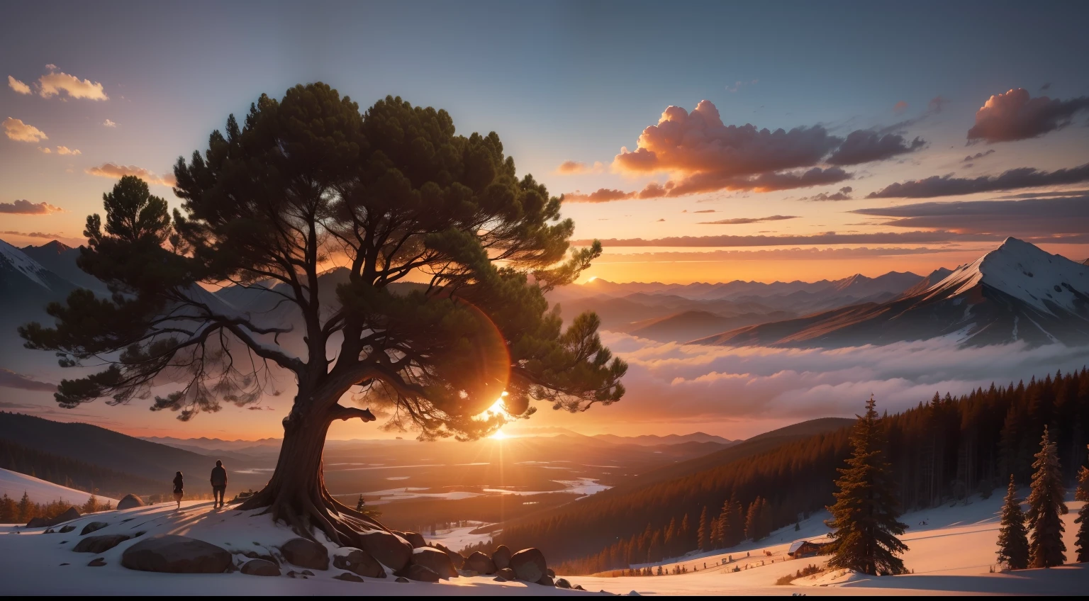 paisagem, ultra realista, 8k, cinematic picture, giant tree, 1 old man, 1 children, montanhas, por do sol, mountains, sunset